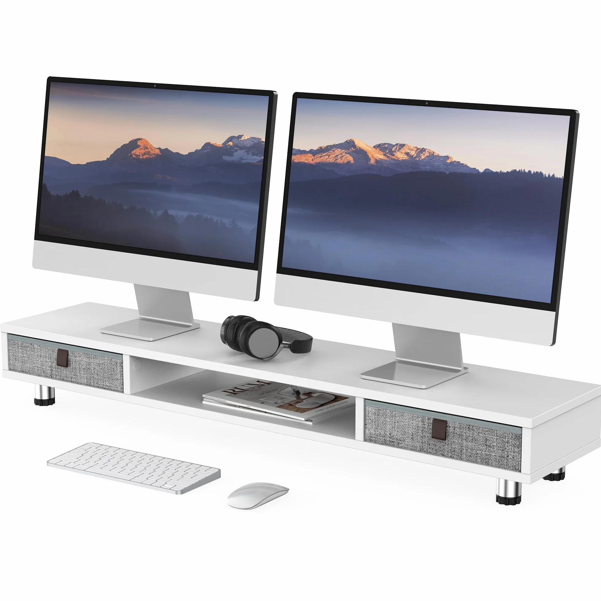 Fenge Podwójny stojak na monitor z 2 szufladami, regulowany, 108 x 23,5 x 15,2-16,7 cm, biały