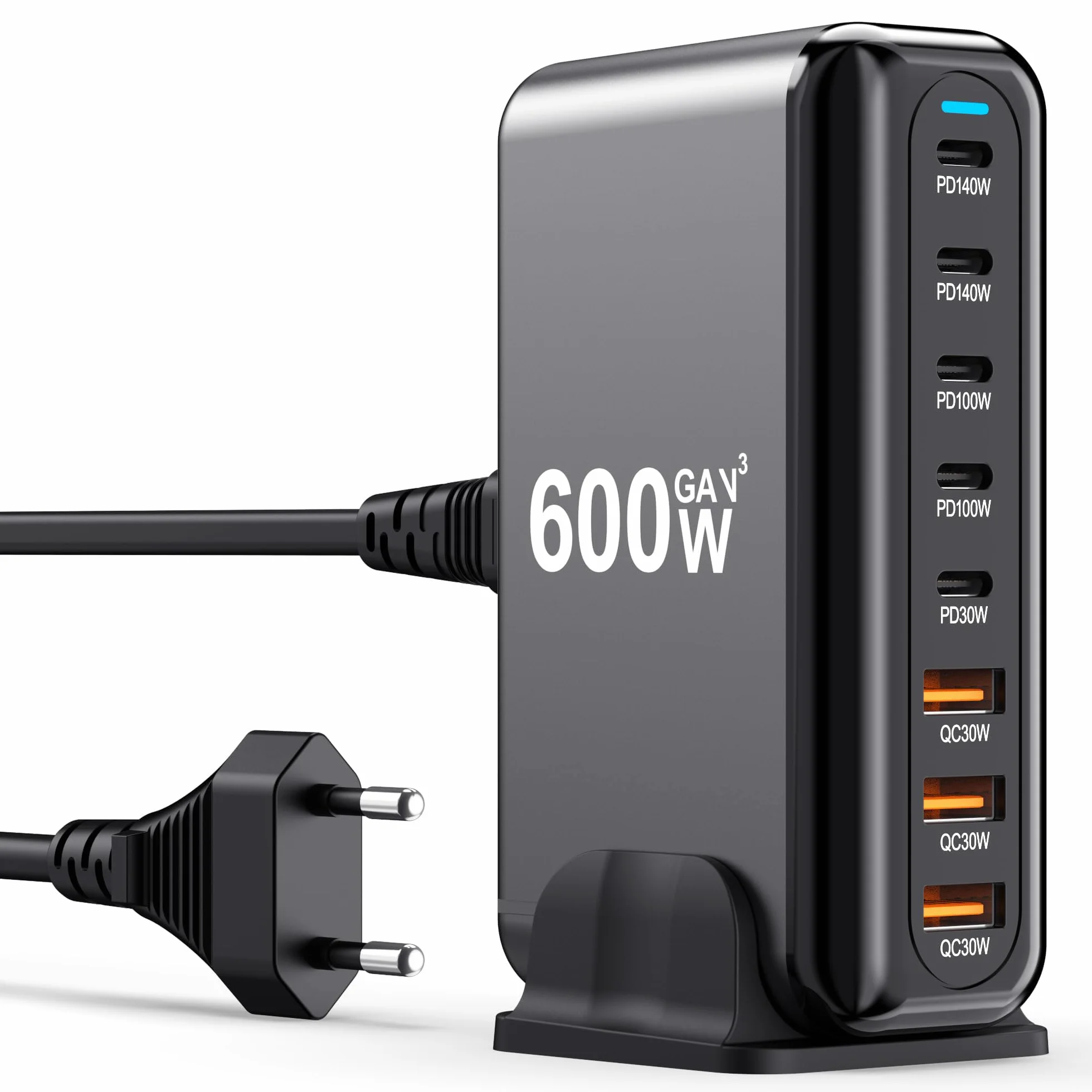 Blok ładowarki USB C, 600 W, 8 portów, GaN, szybka ładowarka do laptopa, iPada, iPhone'a 17 Pro Max, szybka ładowarka, Pixel DELL MacBook Pro/Air Galaxy S25, Steam Deck USB C, 140 W, adapter do systemu Android