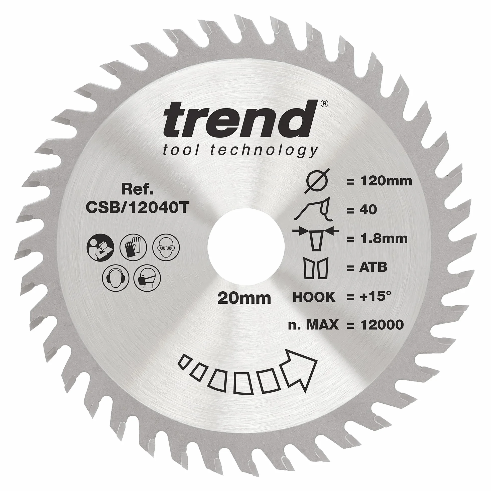 Trend tarcza do pilarki tarczowej bezprzewodowej do drewna, średnica 120 mm, otwór 20 mm, 40 zębów, szerokość rzazu 1,8 mm, kąt natarcia +15°, węglik spiekany (TCT), wykończenie precyzyjne, CSB/12040T