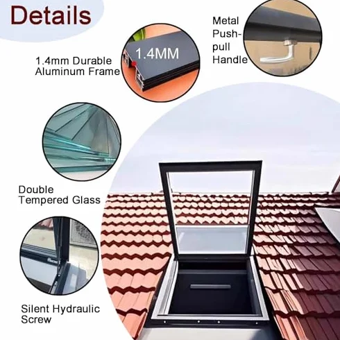 Okno dachowe Skylight – ręczna wentylacja kwadratowa/prostokątna konstrukcja ze stopu aluminium i podwójne szkło 95 x 70 cm dla zwiększenia naturalnego światła i wydajności energetycznej