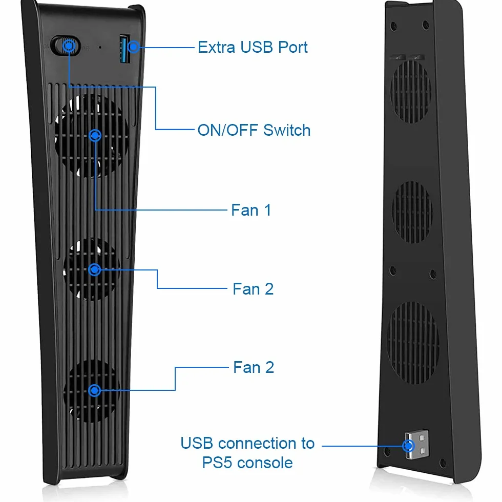 MMOBIEL 3 Zewnętrzne wentylatory chłodzenia z USB 3.0, kompatybilne z PlayStation 5 (PS5) i PS5 Digital Edition, Black, w tym USB 3.0-Port [gra wideo]