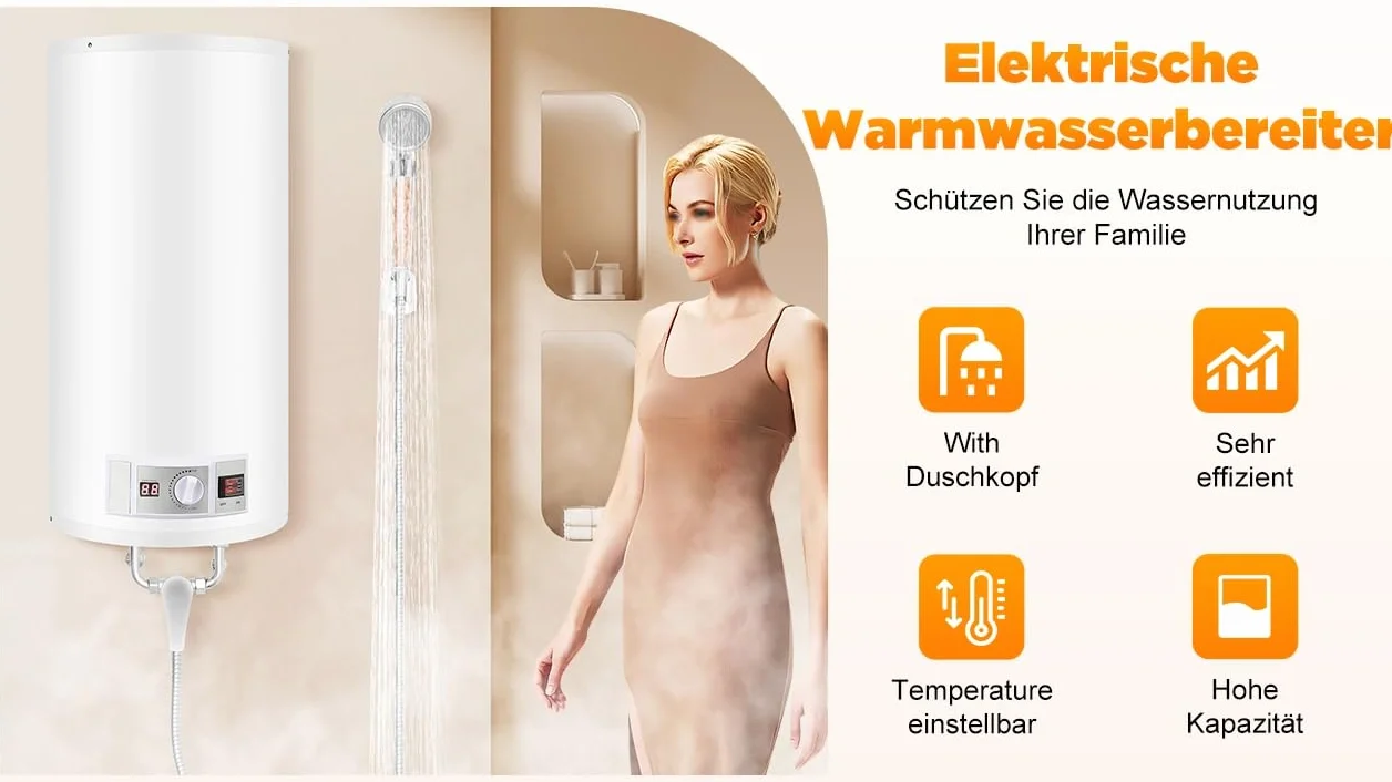 Elektryczny zbiornik ciepłej wody bojler 50 l | Moc grzewcza 2000 W, elektryczny podgrzewacz wody, wiszący bojler na wodę, zbiornik ciepłej wody 30-75°C, biały