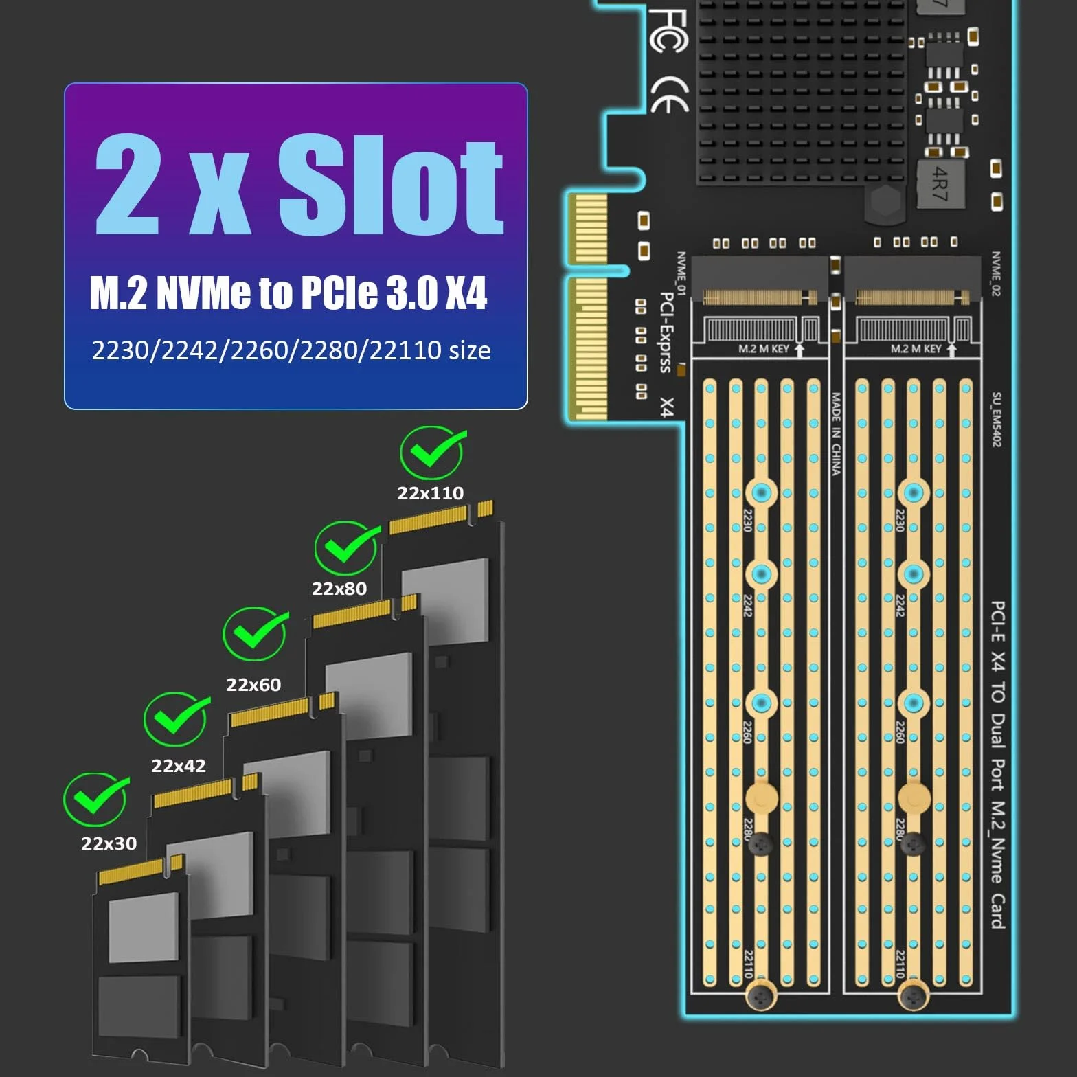 GLOTRENDS PA20 Dual Adapter M.2 NVMe na PCIe 3.0 x4 z funkcją rozgałęzienia PCIe, konfiguracja programowego RAID M.2 NVMe, obsługuje 22110/2280