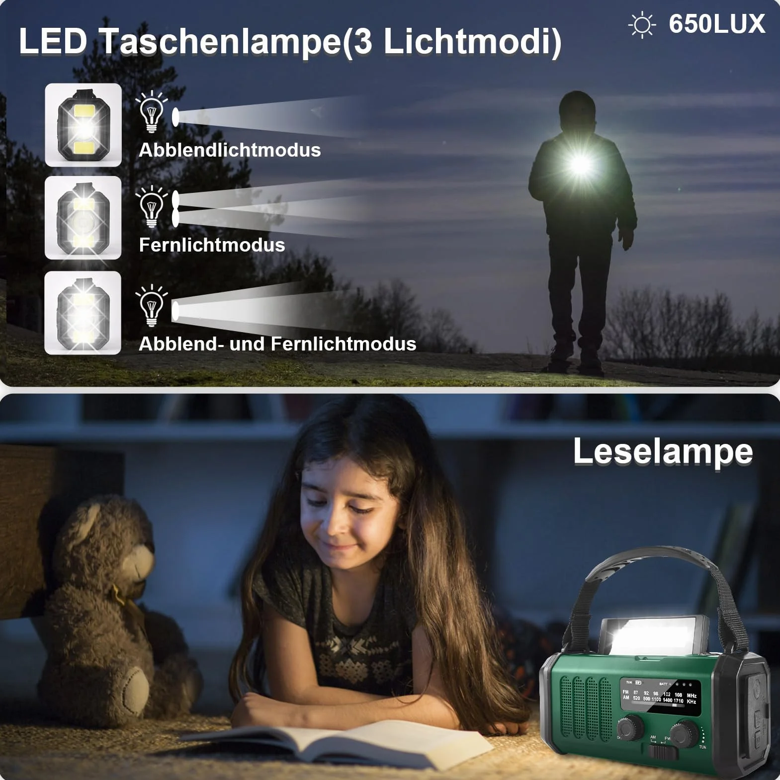 Radio Korbowe 20000mAh Akumulator Ładowalne AM/FM Latarka LED Alarm SOS Kompas Ciemnozielony