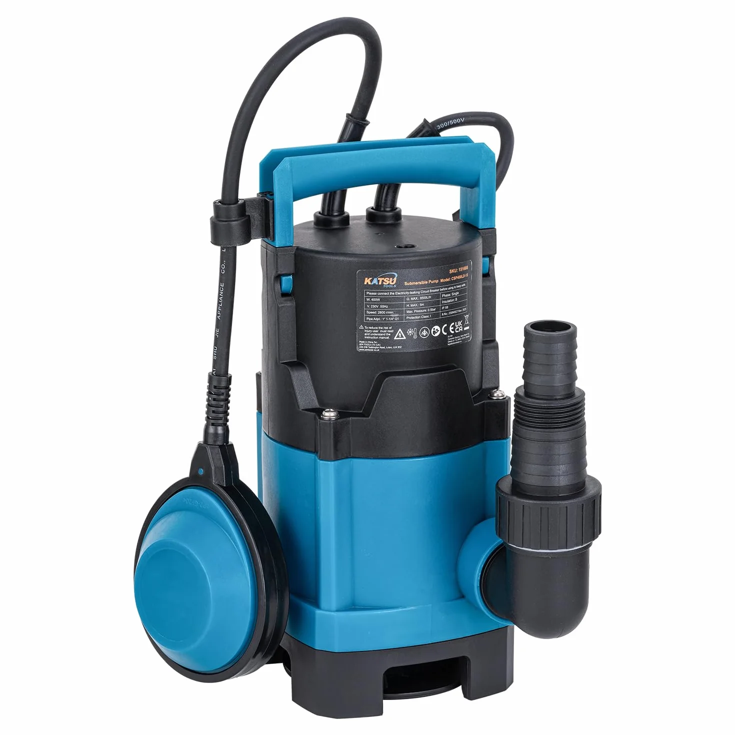 KATSU Przenośna pompa zanurzeniowa 400 W do czystej i brudnej wody, 10 000 l/h do stawu ogrodowego, basenów, rowów + przełącznik pływakowy + wymienna podstawa