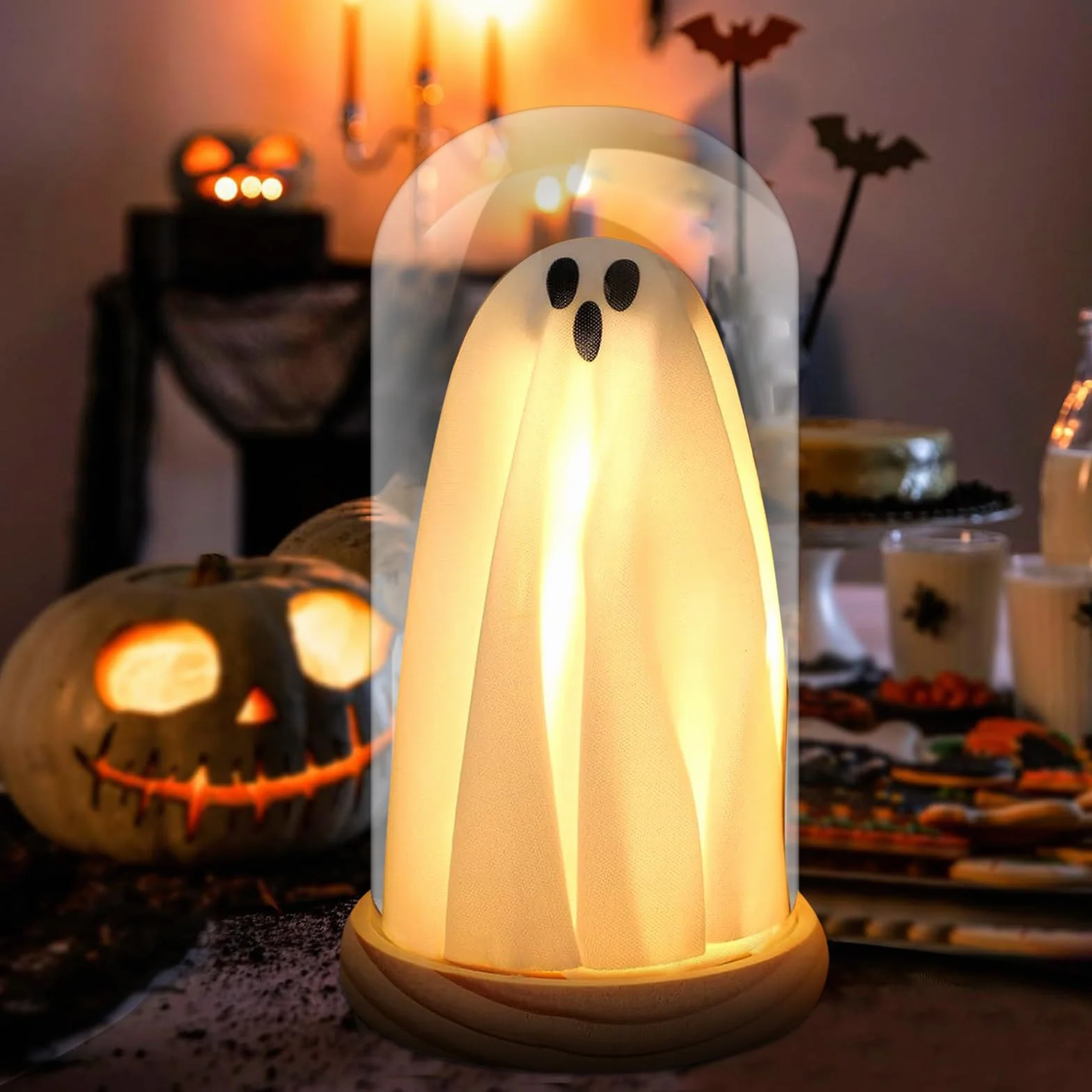 Joycabin Dekoracja na Halloween, świecący duch w szklanym dzwonku z drewnianą podstawą, lampka nocna na Halloween, dekoracja stołu, na imprezę