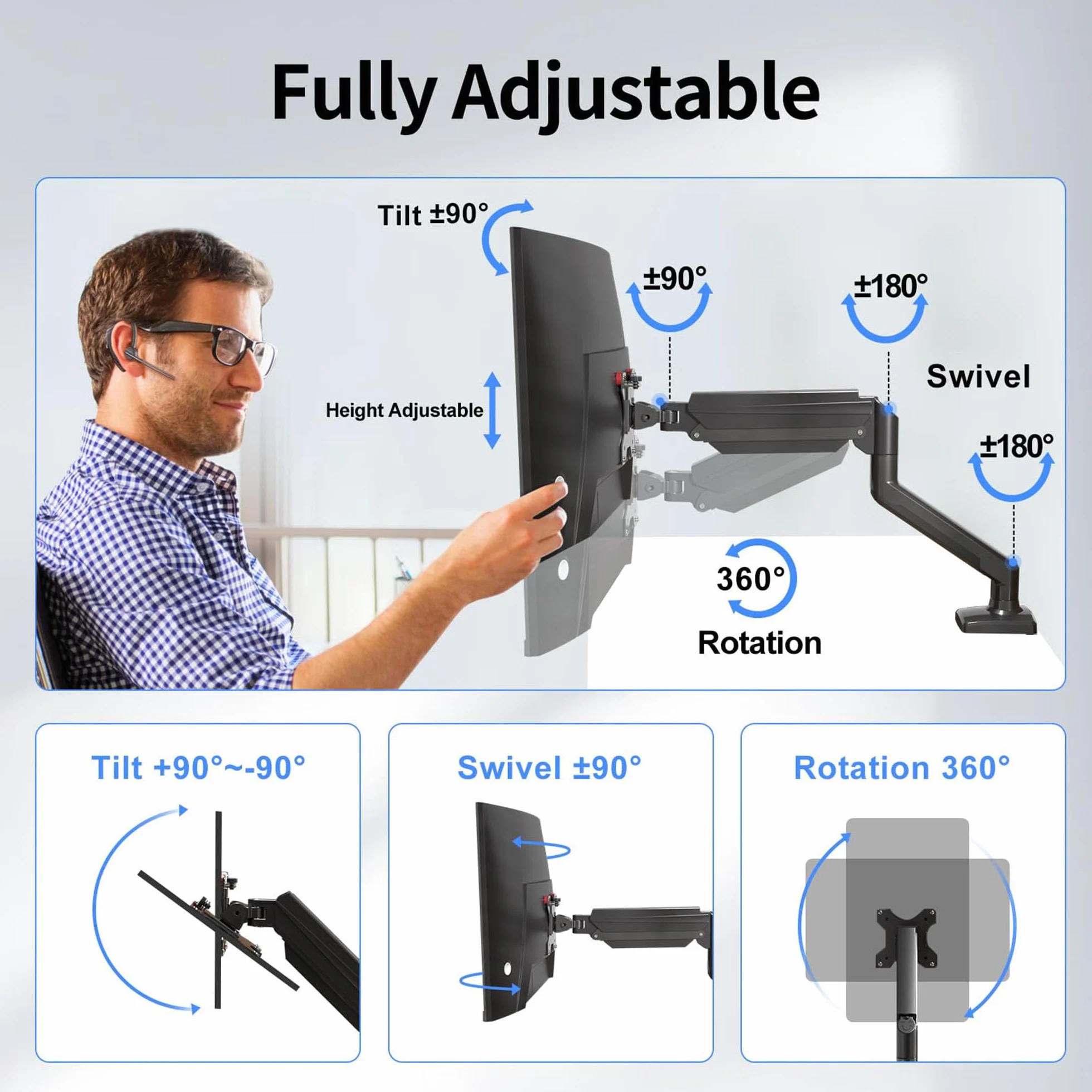 Suptek Stojak na monitor PC LED LCD 13-32 cali, regulowane ramię ze sprężyną gazową, obrotowy, udźwig 9 kg, czarny MD01A