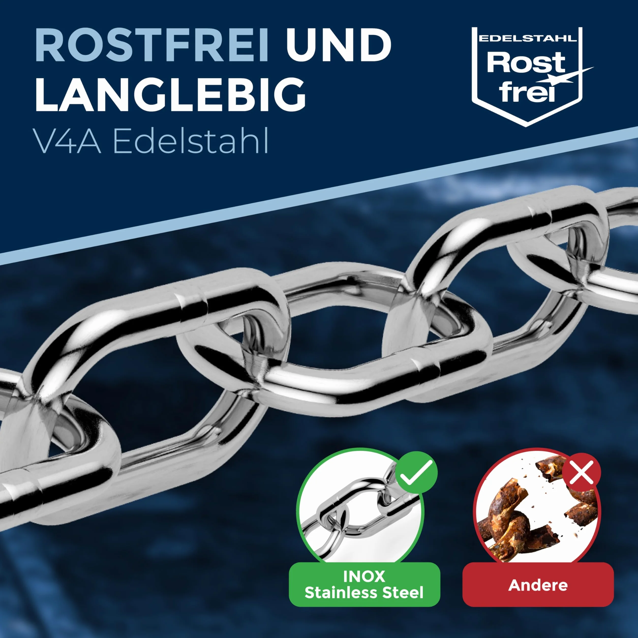 NietFullThings łańcuch ze stali nierdzewnej V4A, długie ogniwa, wiele długości i grubości, łańcuch kotwiczny, DIN 5685 DIN 763, towar sprzedawany na metry, nierdzewny łańcuch ogniwowy Niro Inox, łańcuch zabezpieczający, łańcuch do mocowania boi wielokolor