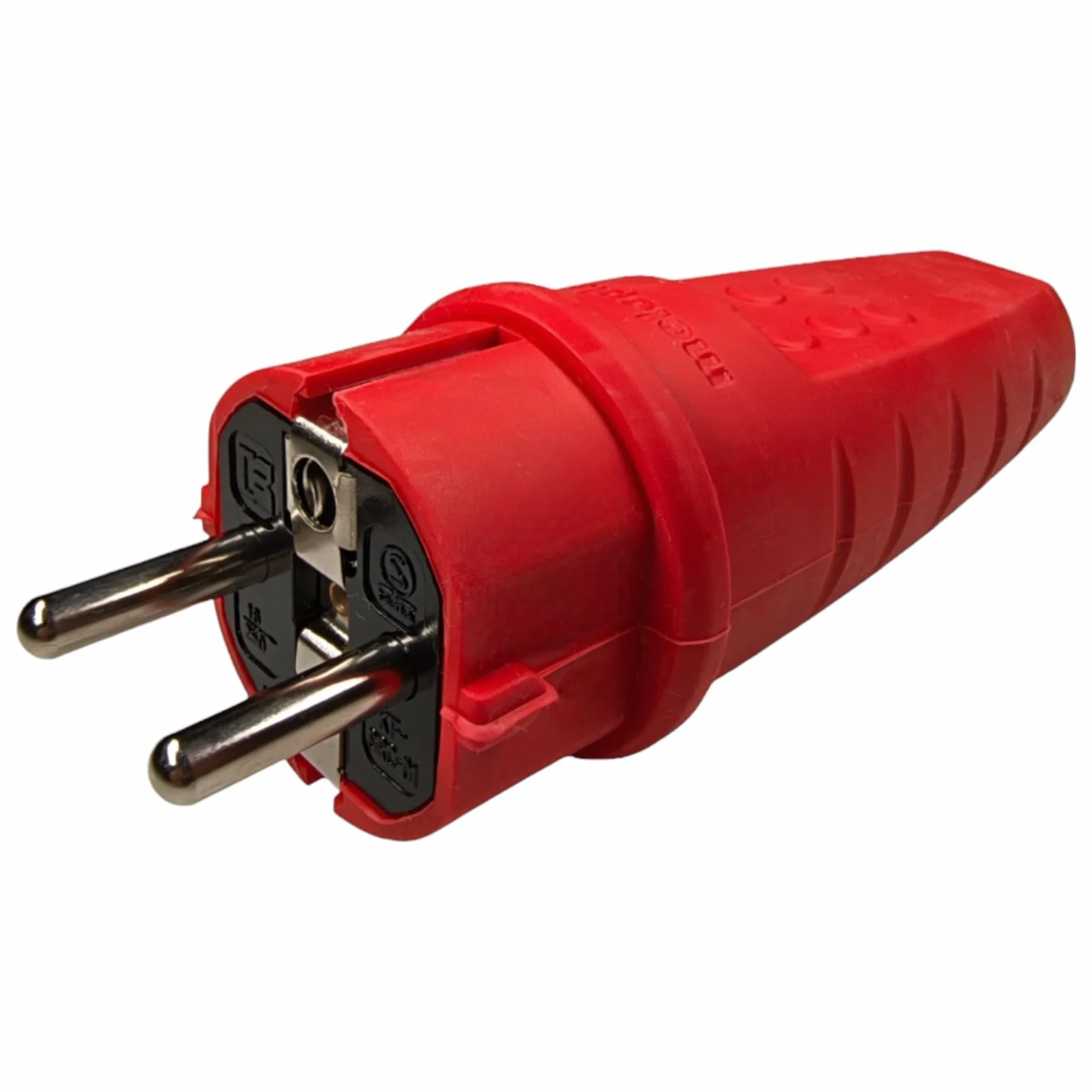 Gumowa wtyczka zewnętrzna, 230 V, 16 A, IP44, kabel burzowy do maks. 2,5 mm², odporna na pęknięcia, wodoszczelna, z zestykiem ochronnym z tulejką chroniącą przed zagięciem