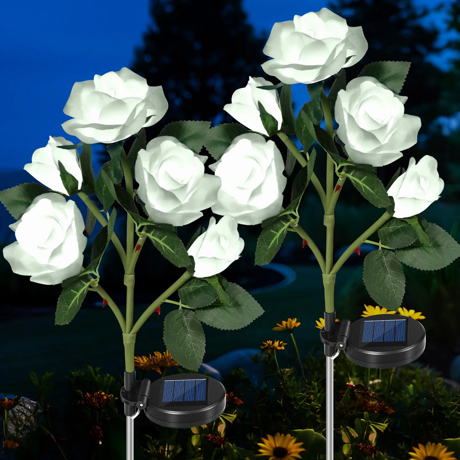 HELESIN Lampy solarne do ogrodu, 2 sztuki, klasa wodoszczelności IP65, solarne kwiaty, na zewnątrz, odporne na warunki atmosferyczne, 5 płatków róż, białe