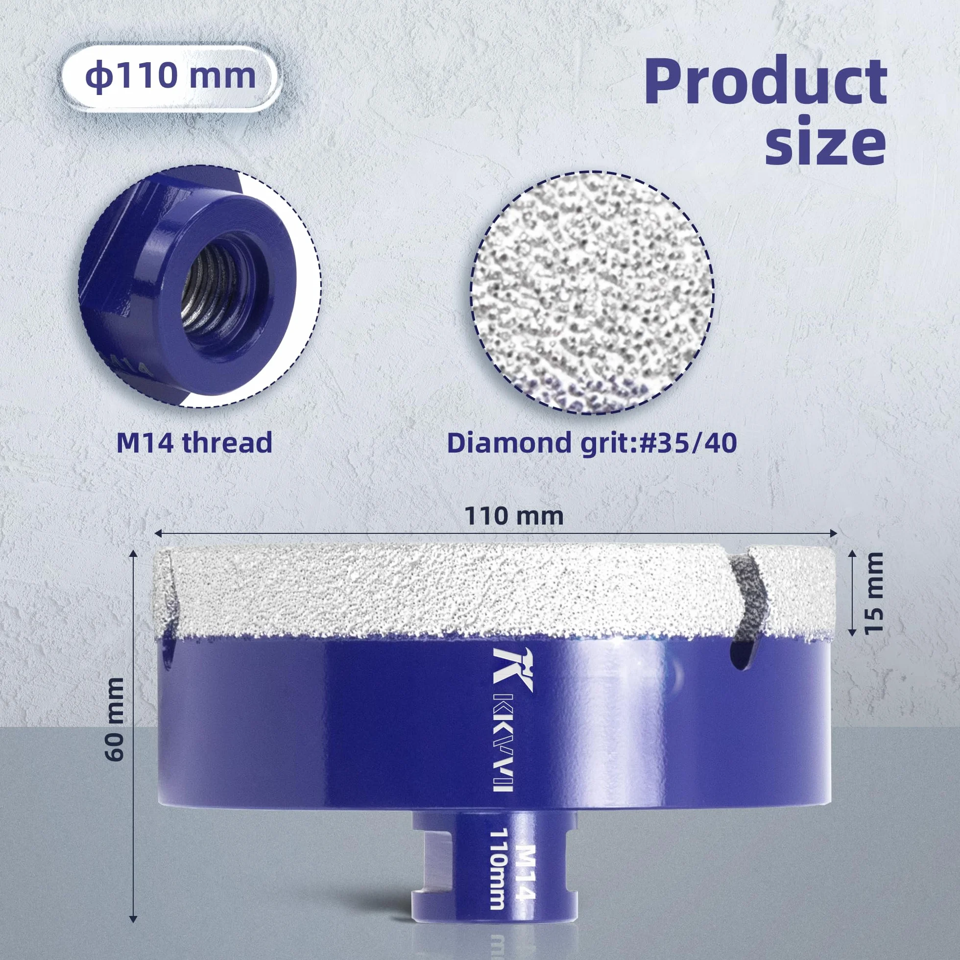 Wiertło Diamentowe Koronowe 110 mm, Gwint M14, Wiertło z Rdzeniem Diamentowym Piła Otwornica, Diamentowa Do Sucho w Gresie, Ceramice, Granicie, Marmurze i Wapieniu Do Szlifierek Kątowych