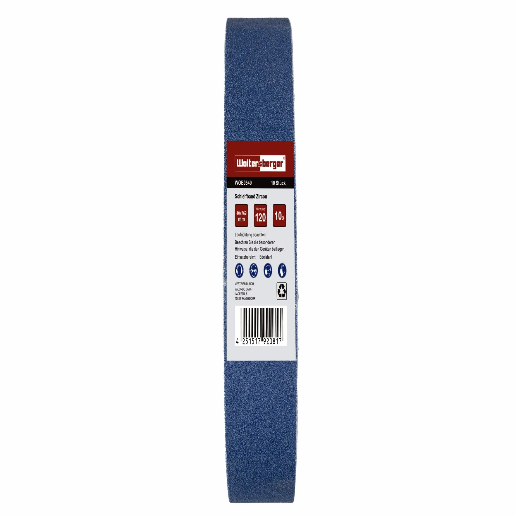 Woltersberger® 10 sztuk opasek szlifierskich z cyrkonią, rozmiar 40 x 760 mm, ziarnistość P60, cyrkonia ZK, stal nierdzewna, inox metal, szlifierka rurowa