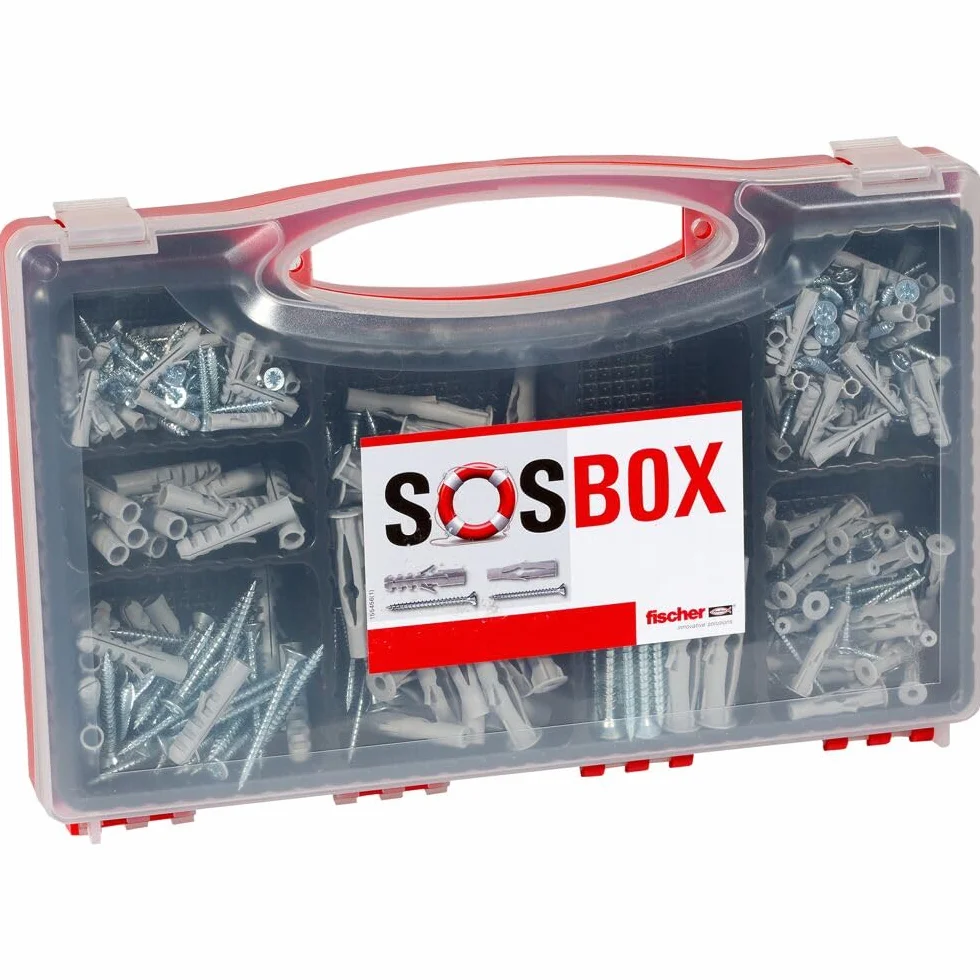 fischer SOS-Box kołek rozporowy S i uniwersalne kołki rozporowe FU, wstępnie posortowane pudełko asortymentowe z 360 kołkami i pasującymi śrubami do wielu materiałów budowlanych i różnorodnych