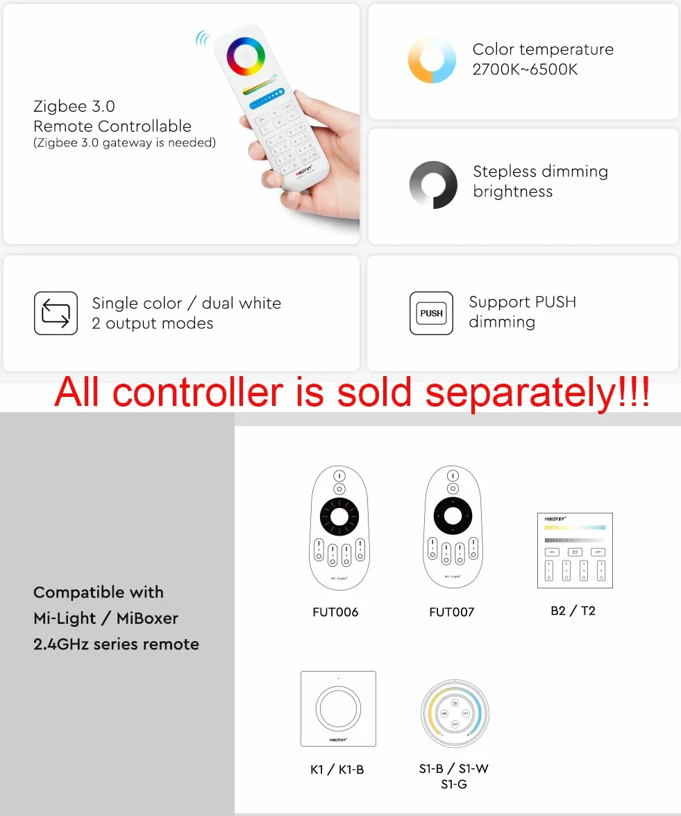 LGIDTECH FUT035Z+ 2 w 1 kontroler taśmy LED Zigbee 3.0 + 2,4G, działa z jednokolorowymi i CCT Dual-White LED pasami LED, kompatybilny z Philips Hue, Echo Plus (2. generacji)