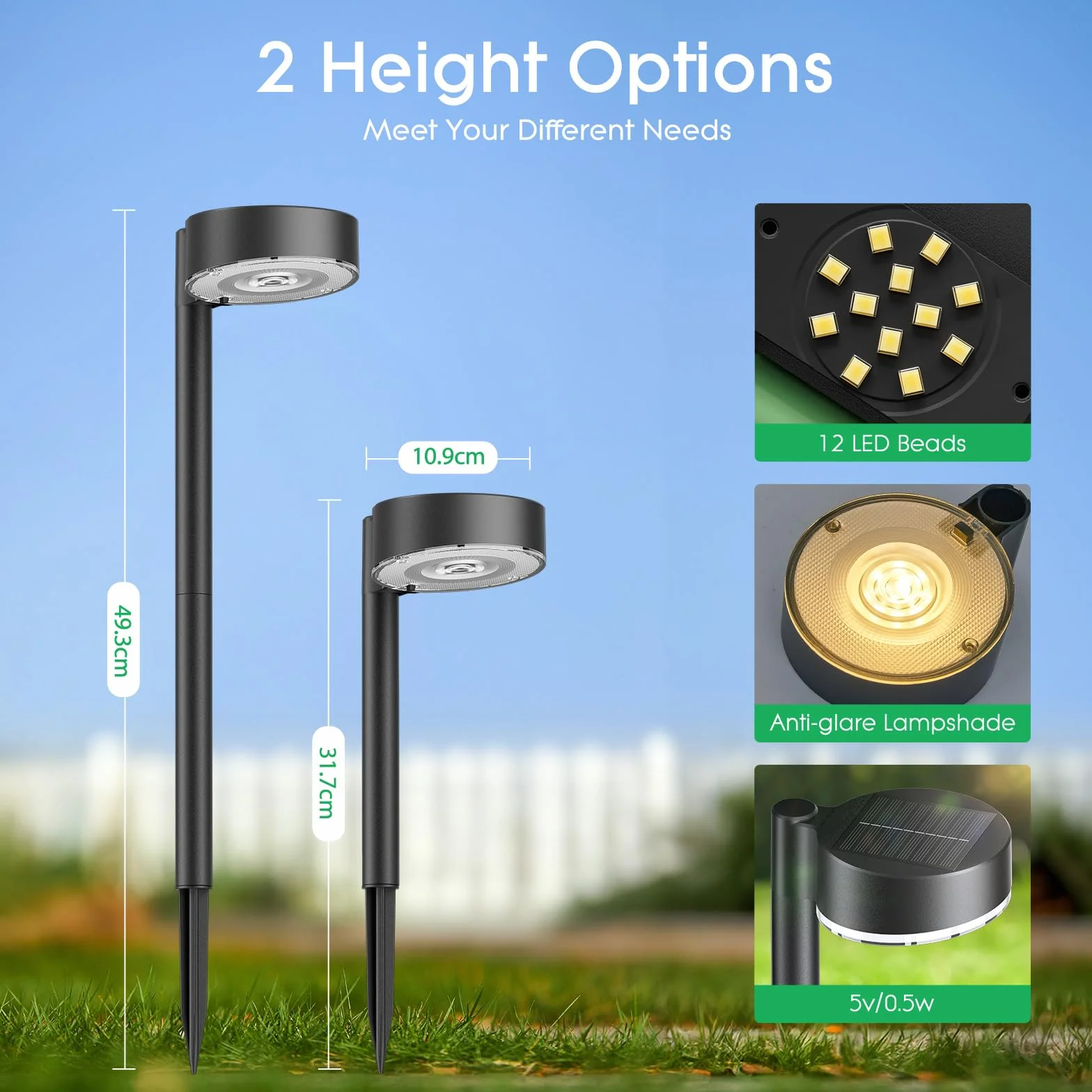 BUCASA Lampy solarne do ogrodu, 8 x 12 diod LED, jasne lampy solarne do użytku na zewnątrz, z dłuższym czasem pracy, wodoszczelność IP65, solarne lampy ogrodowe, dekoracja na trawnik, taras