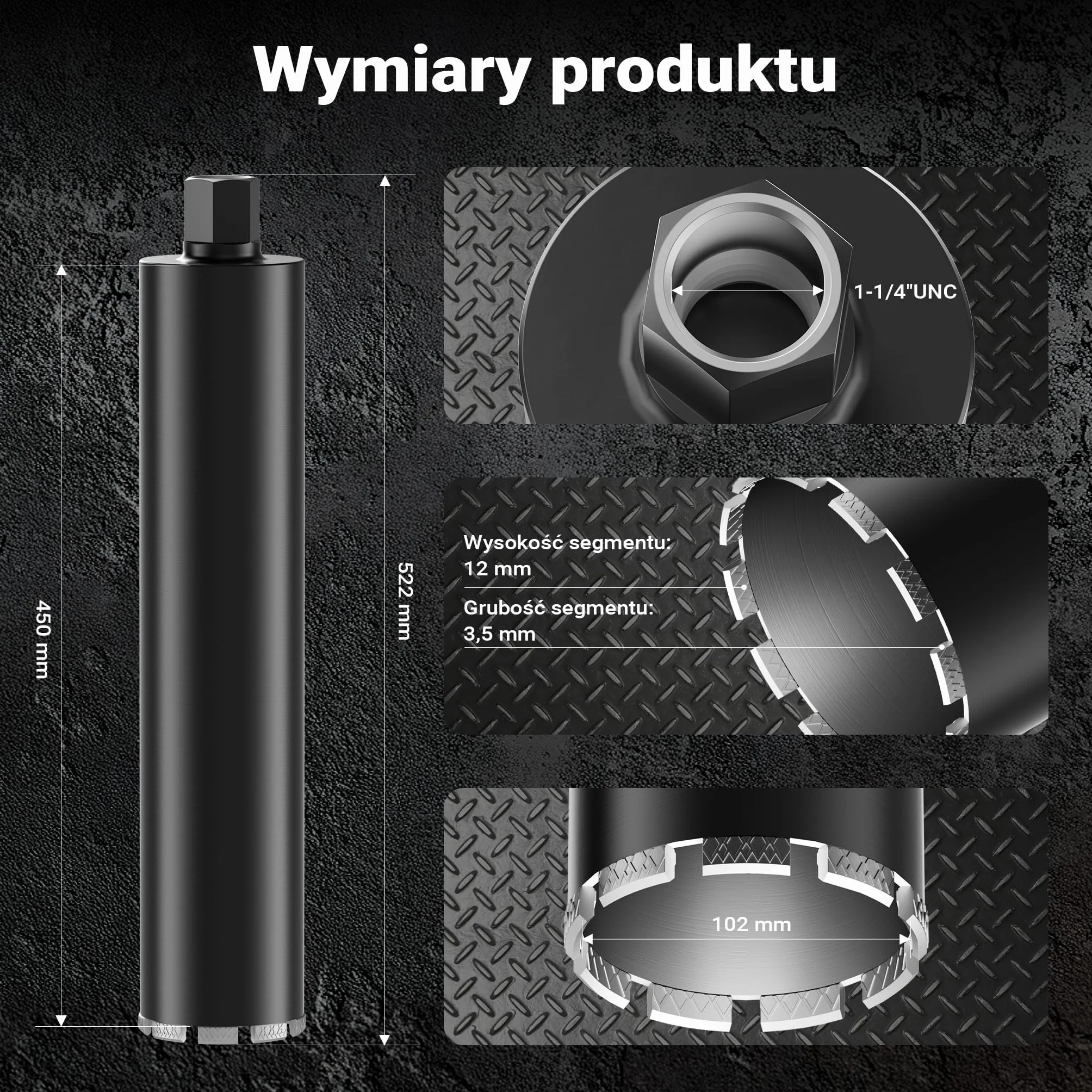 Wiltec Wiertło diamentowe koronowe typu Mesh Ø 102 mm o długości 450 mm, 1¼ UNC, do wiercenia w betonie, kafelkach, kamienia i granitu