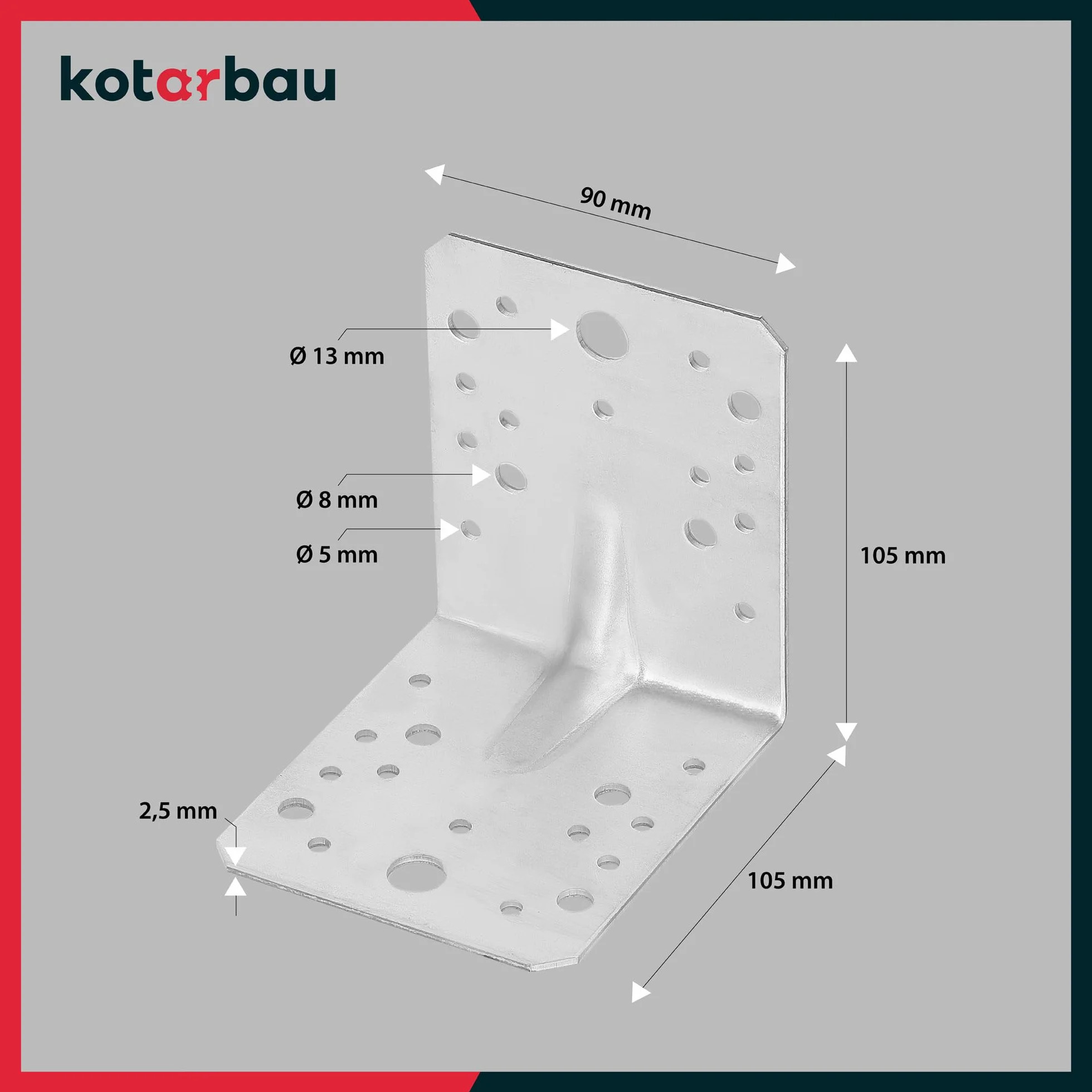 KOTARBAU® 50 szt. Kątownik Ciesielski - Łącznik Budowlany - 105 x 105 x 90 MM - Stal ocynkowana - z Przetłoczeniem - Nierdzewny