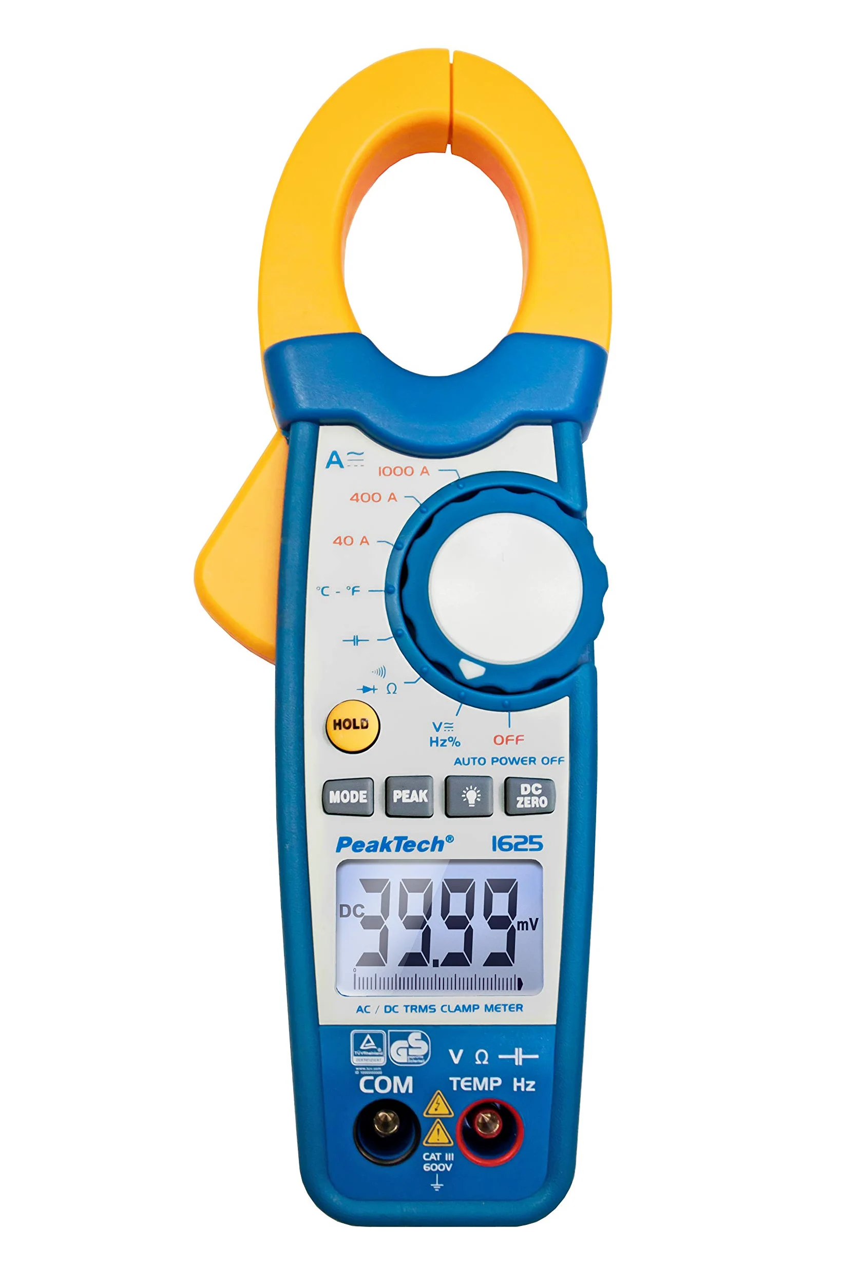 PeakTech 1625 - Digital Clamp Meter with True RMS + Bargraph, 3 3/4 Digit, Digital Multimeter, Current Measurement, TÜV/GS, 4000 Counts, Contactless Voltmeter, Ammeter, Continuity Tester - Max 600 V