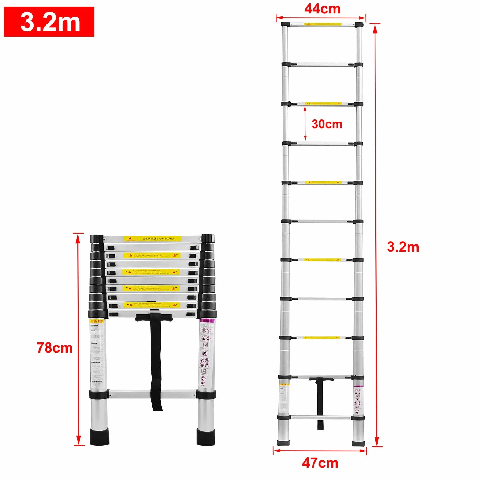 FIVMEN Drabina teleskopowa 3,2 m, wysuwana, aluminiowa, z 11 szczeblami, drabina aluminiowa, wysuwana, do strychów, magazynu, nośność 150 kg, srebrna
