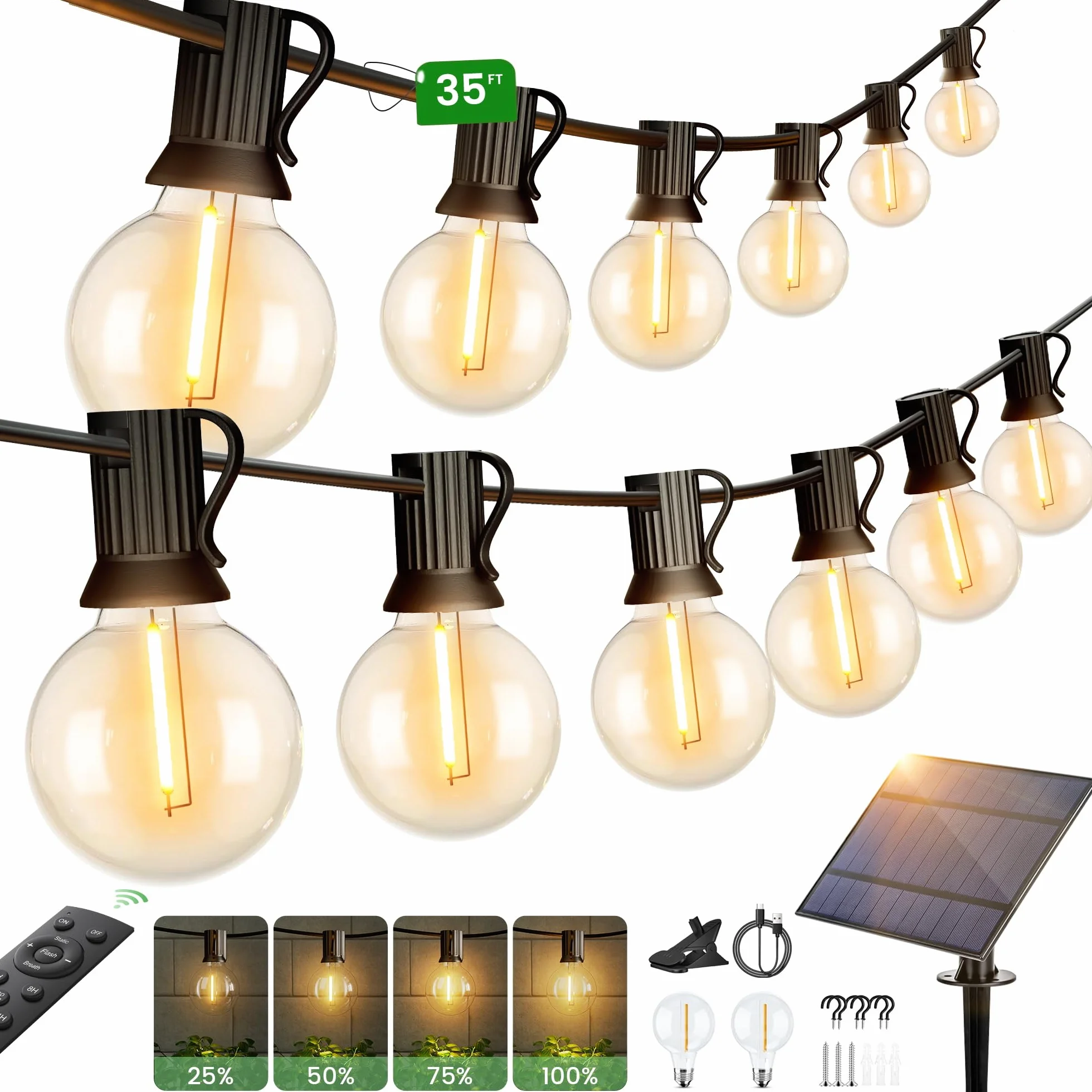 Torkase łańcuch świetlny z kulkami 30 stóp, solarne światła do ogrodu, wodoodporne światła solarne G40 na patio z pilotem, 15+2 nietłukące się żarówki LED z żarnikiem, 2200K miękkie białe, możliwość