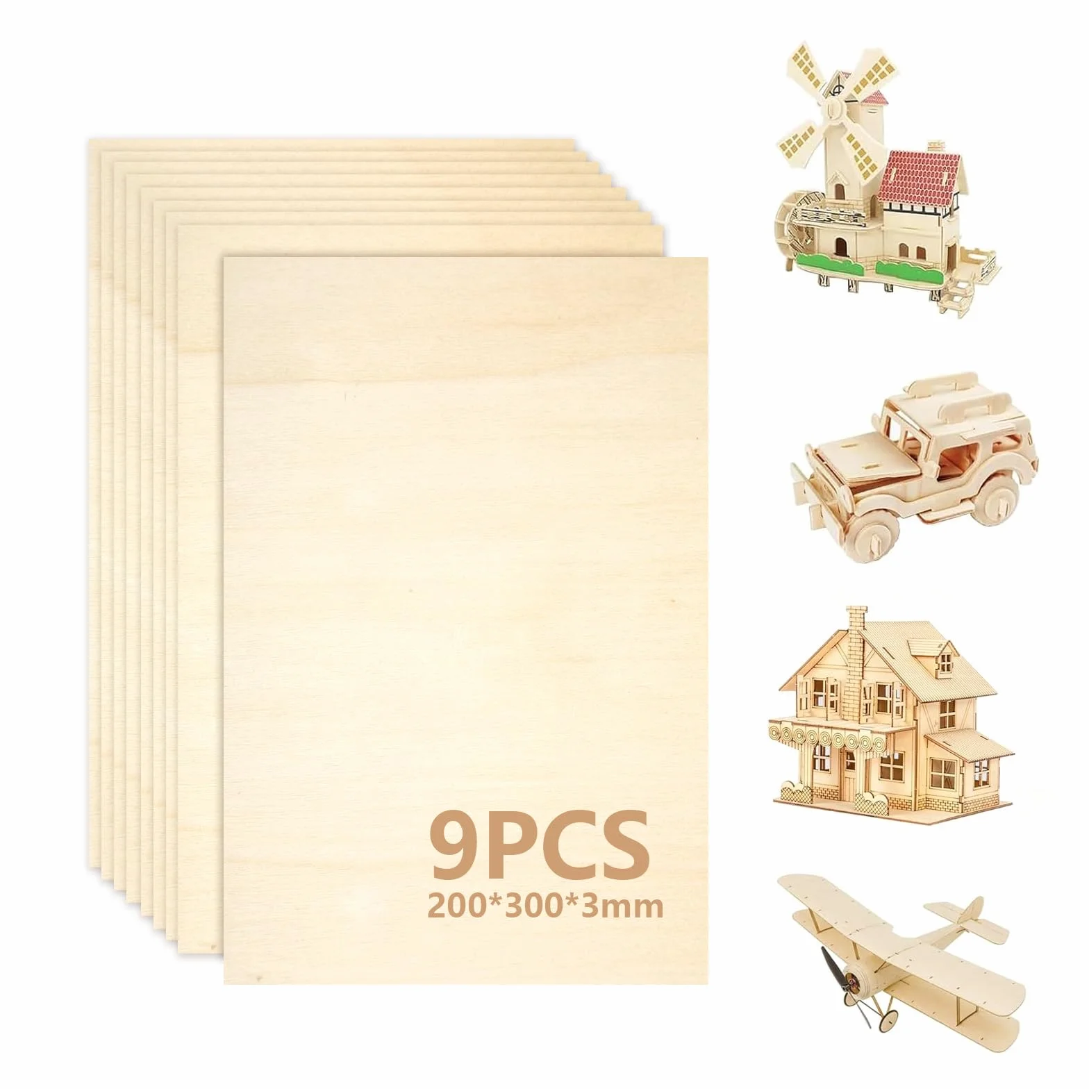 (9 sztuk) Sklejka 3 mm, 300 x 200 mm (+/- 0,5 mm), panel drewniany multipleks, deska drewniana do majsterkowania, deska drewniana Idealny do cięcia laserowego, pirografu i routera CNC