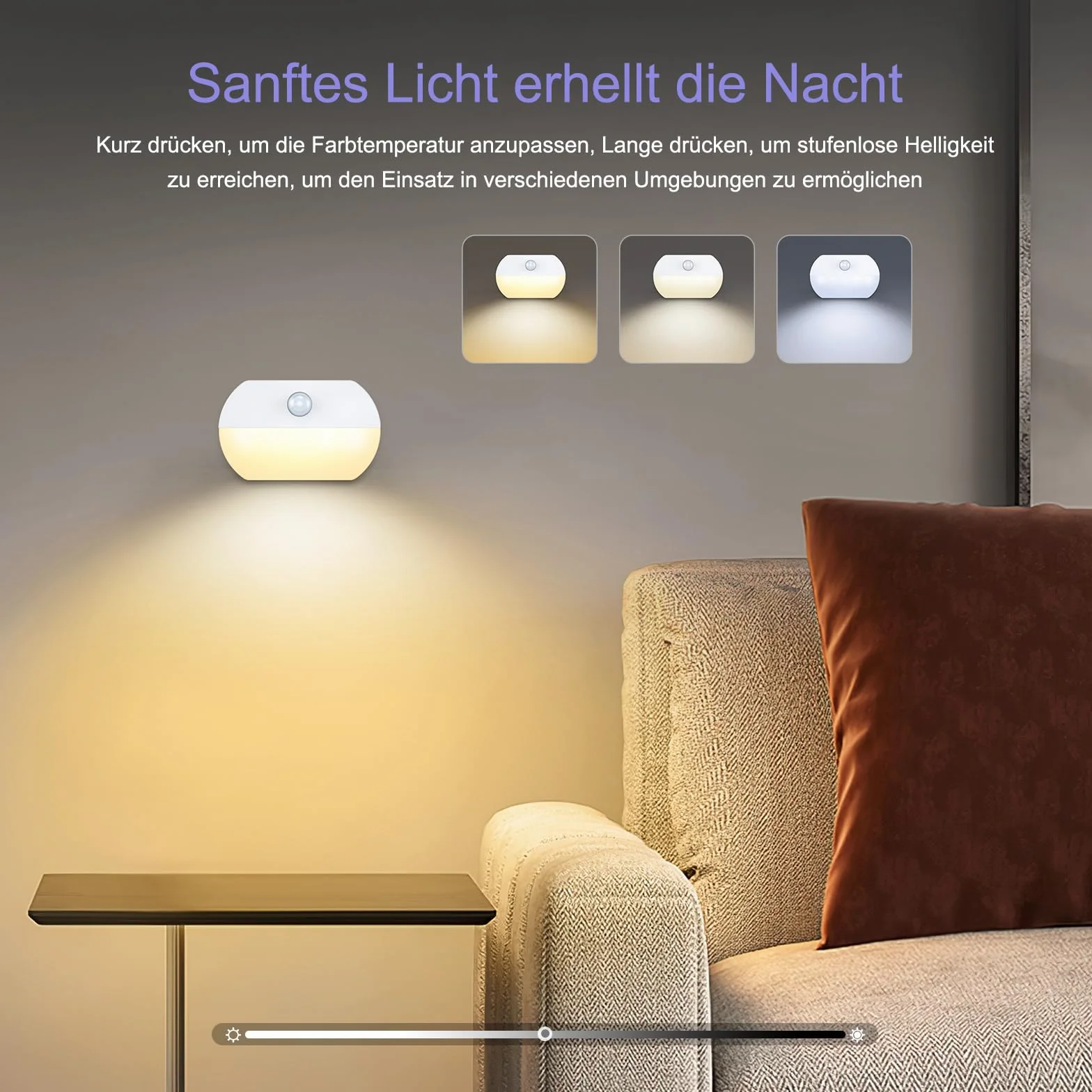 Lampka nocna z czujnikiem ruchu, 2 sztuki LED typu C z 3 trybami (AUTO/OFF/ON), 3 regulowane temperatury barwowe (6000K-4000K-3000K), lampka nocna dla dzieci do sypialni