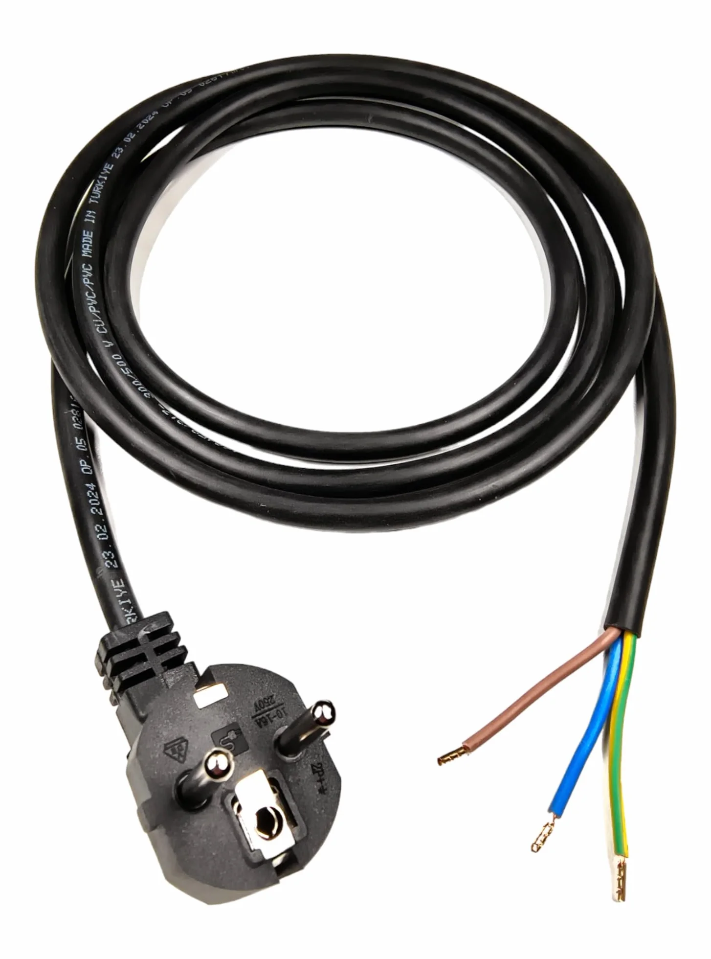 Kabel Zasilający z Tulejkami, 2 Metry, 230V, 16A, IP20, Kabel Przyłączeniowy z Wtyczką Schuko, Kabel Zasilający Ze Stykiem Ochronnym, Kabel Przejściowy z Tulejkami, Czarny