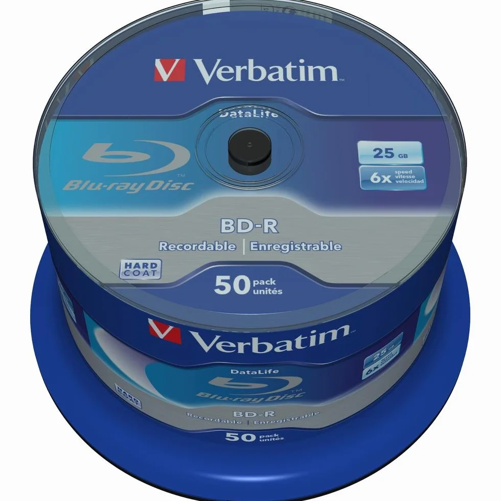 Verbatim BD-R SINGLE LAYER DATALIFE 25GB 6X WHITE BLUE SURFACE, W125625479 (25GB 6X WHITE BLUE SURFACE Datalife 6x, 25 GB, BD-R, Spindle, 50 pc(s))