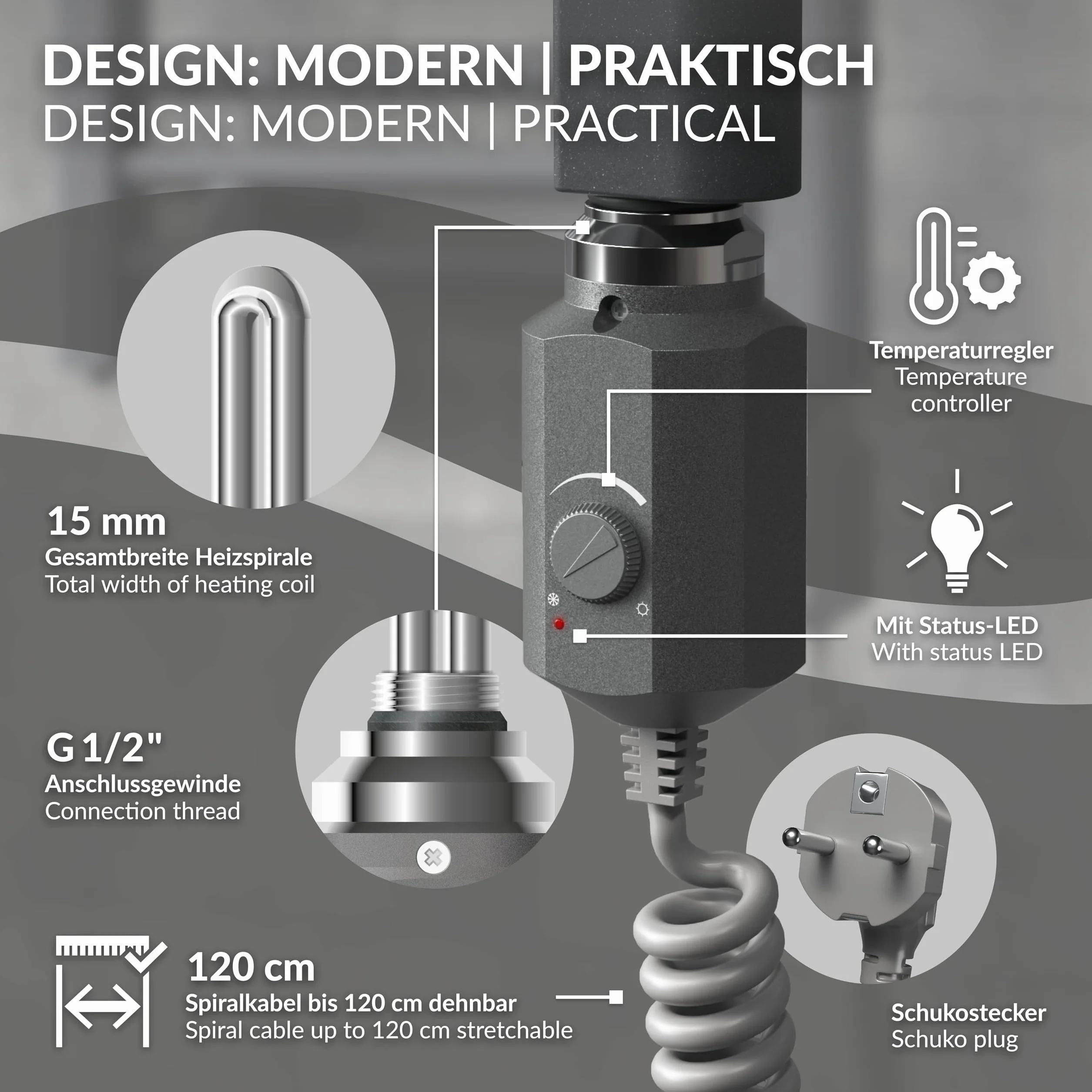 ECD Germany Grzejnik lazienkowy elektryczny 400 x 800 mm antracyt prosty z podlaczeniem bocznym z pretem grzejnym 300W chrom - ogrzewanie grzejnikowe podgrzewacz do reczników suszarka do reczników
