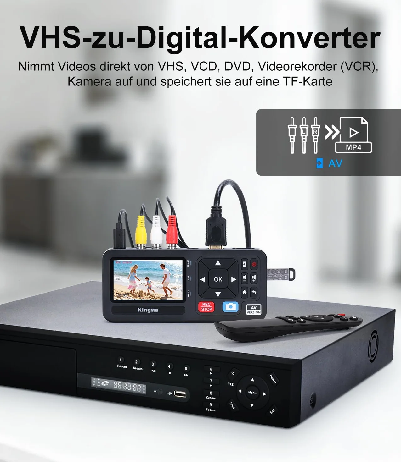 King Ma Digitizer wideo 3-calowy ekran 1080P 30 FPS cyfrowa konwersja VHS RCA VCR DVD Hi8 kamery gry TF SD USB