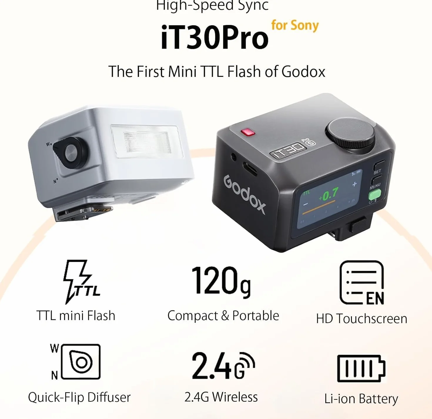 Godox iT30Pro O TTL Mini lampa błyskowa, iT30 Pro O bezprzewodowa lampa błyskowa 2.4G HSS 1/8000 s TTL, z ekranem dotykowym i USB-C, kompatybilna z Olympus i Panasonic E-M1, PEN-F, GH4, GX85 itp.