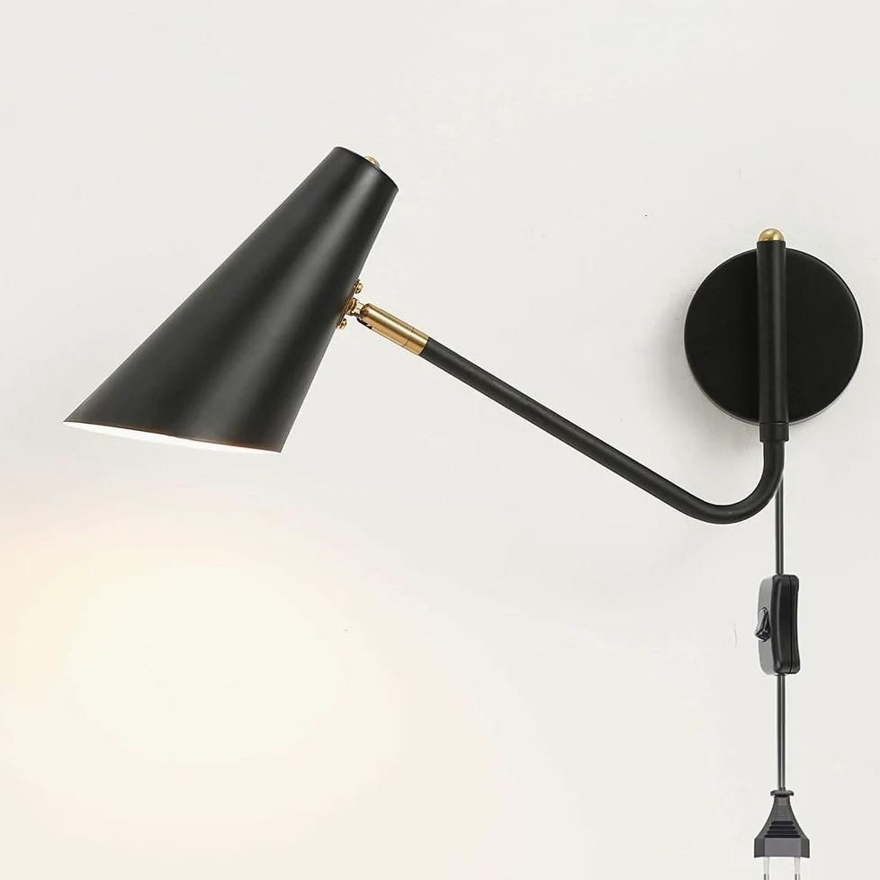 Kinkiet ścienny E27 z obrotowym ramieniem, włącznikiem i kablem, regulowany metalowy uchwyt, retro lampa ścienna do czytania z wtyczką, czarna lampka nocna do salonu, sypialni, hotelu