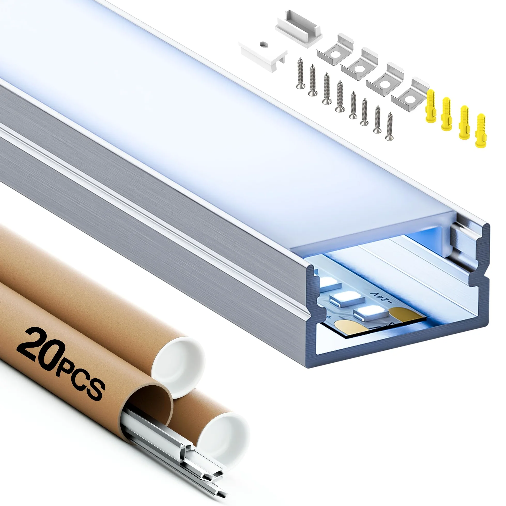 ShinePlus Profil aluminiowy do taśm LED, profil 20 x 2 m, szyna LED, profil U z matową osłoną, wymiary maks. 17 mm, wymiary 19,7 mm x 10 mm