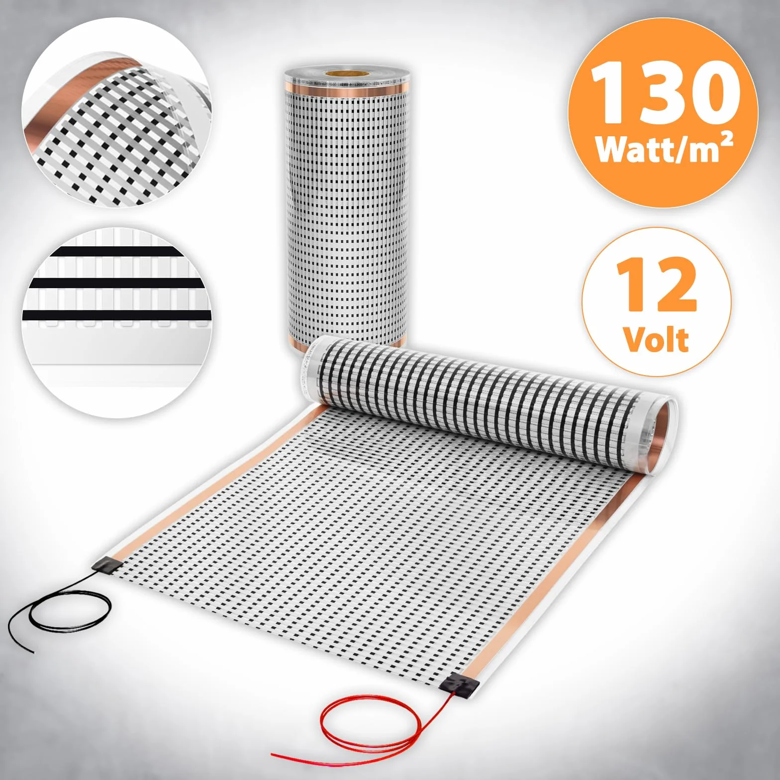 Folia termiczna do desek – folia grzewcza na podczerwień 12 V, niskie napięcie AC/DC 0,5 x 3,0 m 130 W/m², elektryczne ogrzewanie podłogowe w przyczepie kempingowej, kamperze