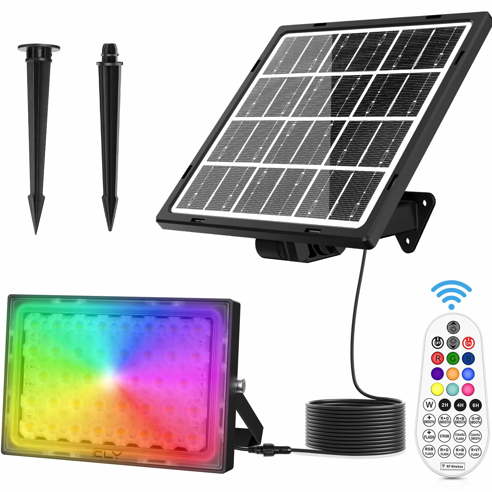 CLV Solarny reflektor RGB, lampa solarna RGB z pilotem zdalnego sterowania, IP66, reflektor LED, 10 kolorów, 30 trybów dynamicznych funkcja ściemniania, pamięci, timer, do ogrodu, na imprezę, drzewo