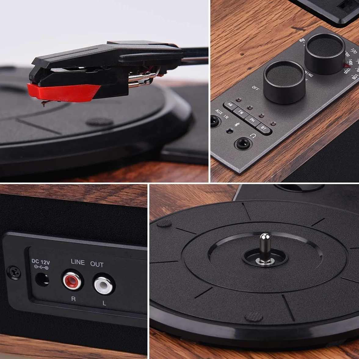 Gramofon Bluetooth VOKSUN winylowy z głośnikiem AUX RCA AM FM przenośny retro orzech włoski