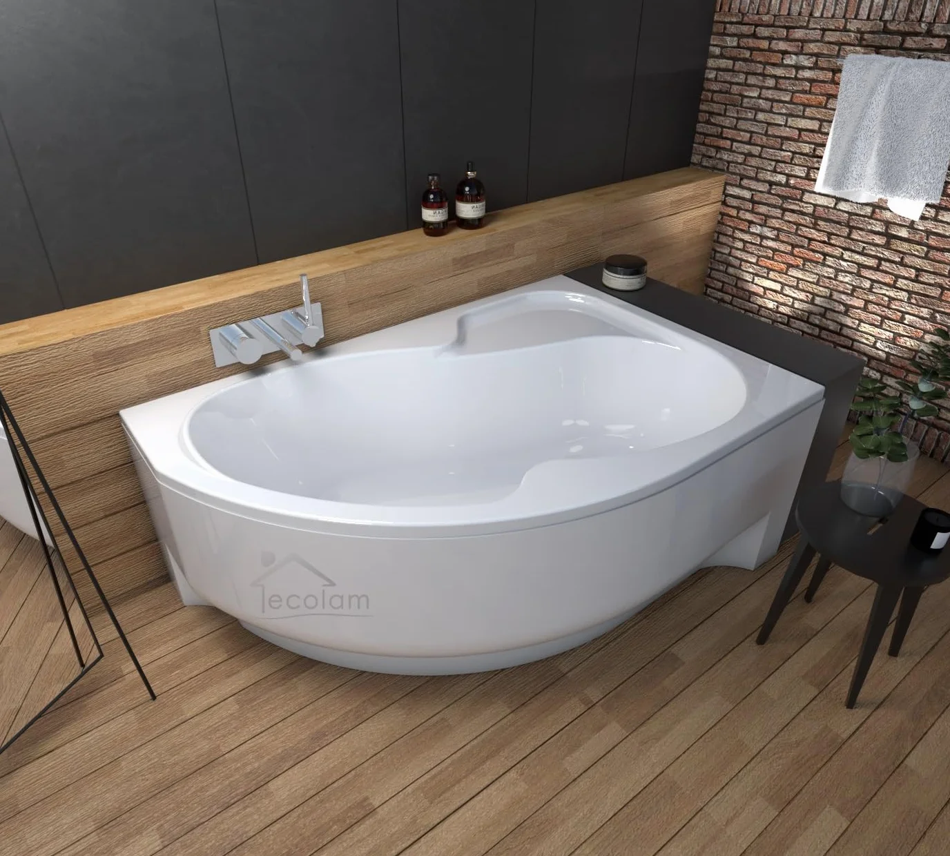 Wanna narożna ECOLAM® WELA 150x100 cm prawa z obudową | Wanna akrylowa Wanna sanitarna akrylowa + obudową akrylową + zagłówkiem Mare + automatycznym odpływem i przelewem | Antypoślizgowa, łatwa w piel