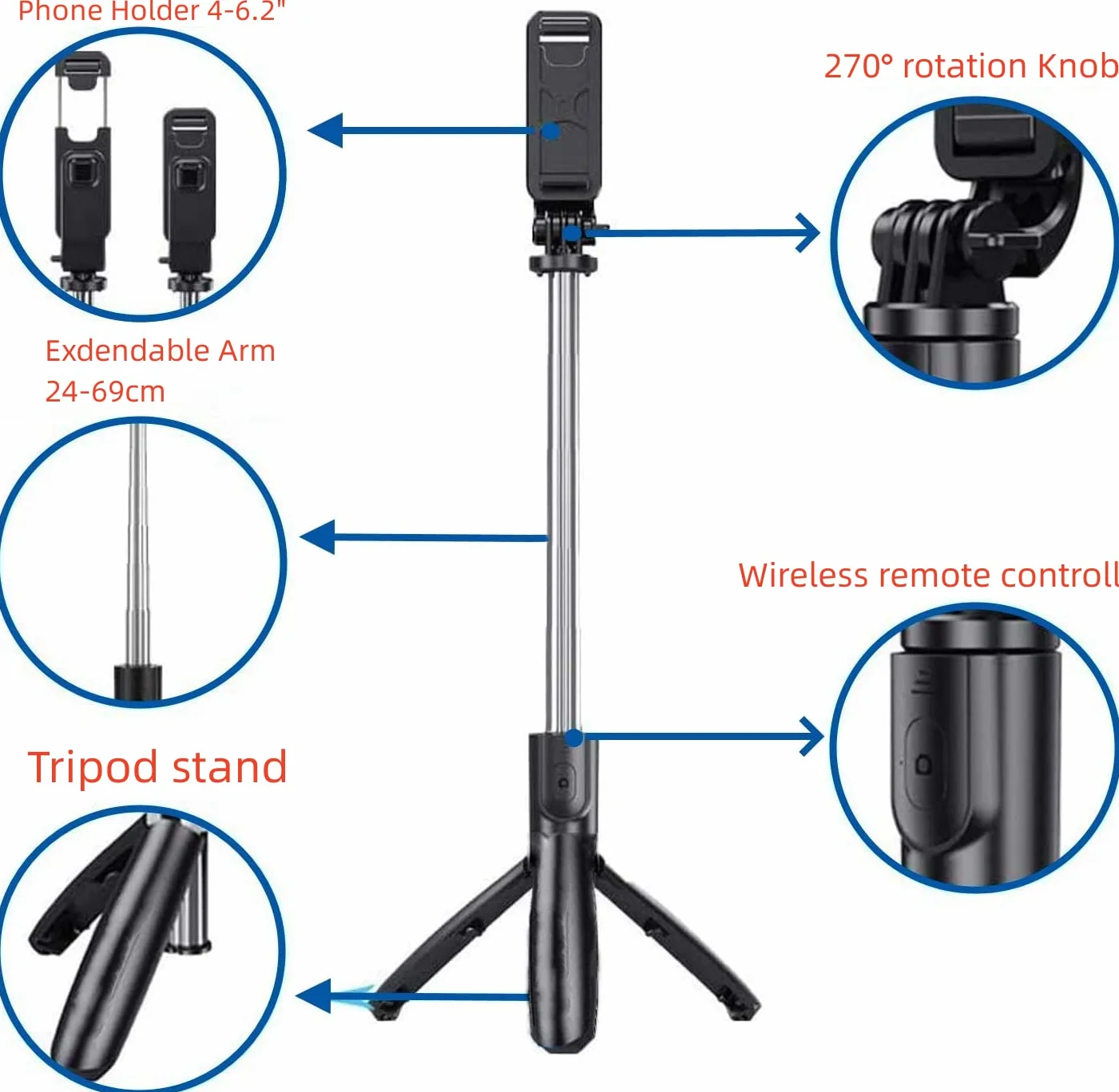Bezprzewodowy Kij do Selfie Bluetooth Selfie Stick z Pilotem Zdalnego Sterowania, Składany Statyw