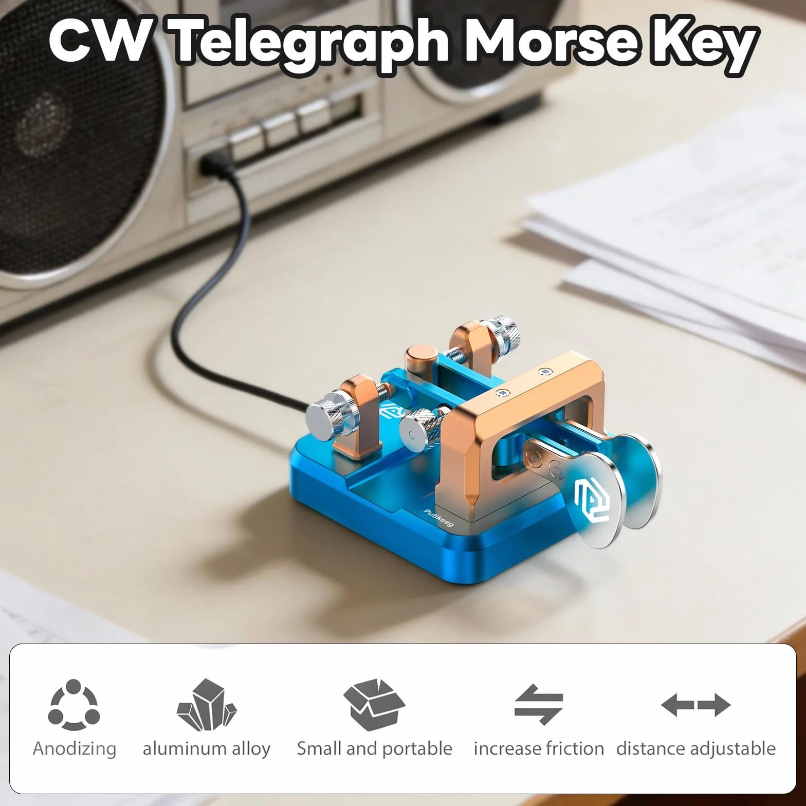 PUTIKEEG cw klucz morse'a, klucz telegraficzny, amatorskie radio cw keyer,klawiatura telegramowa, nadajnik alfabetu morse'a, ham radio przycisk klucz morse'a (niebiesko-złoty)