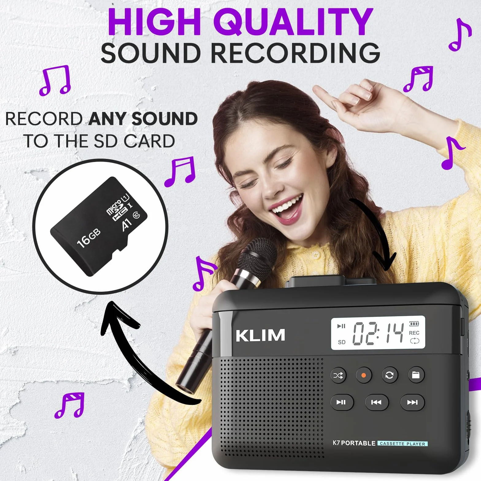 KLIM K7 Odtwarzacz kasetowy Walkman z konwerterem na MP3, wbudowany mikrofon, głośnik, karta SD 16 GB