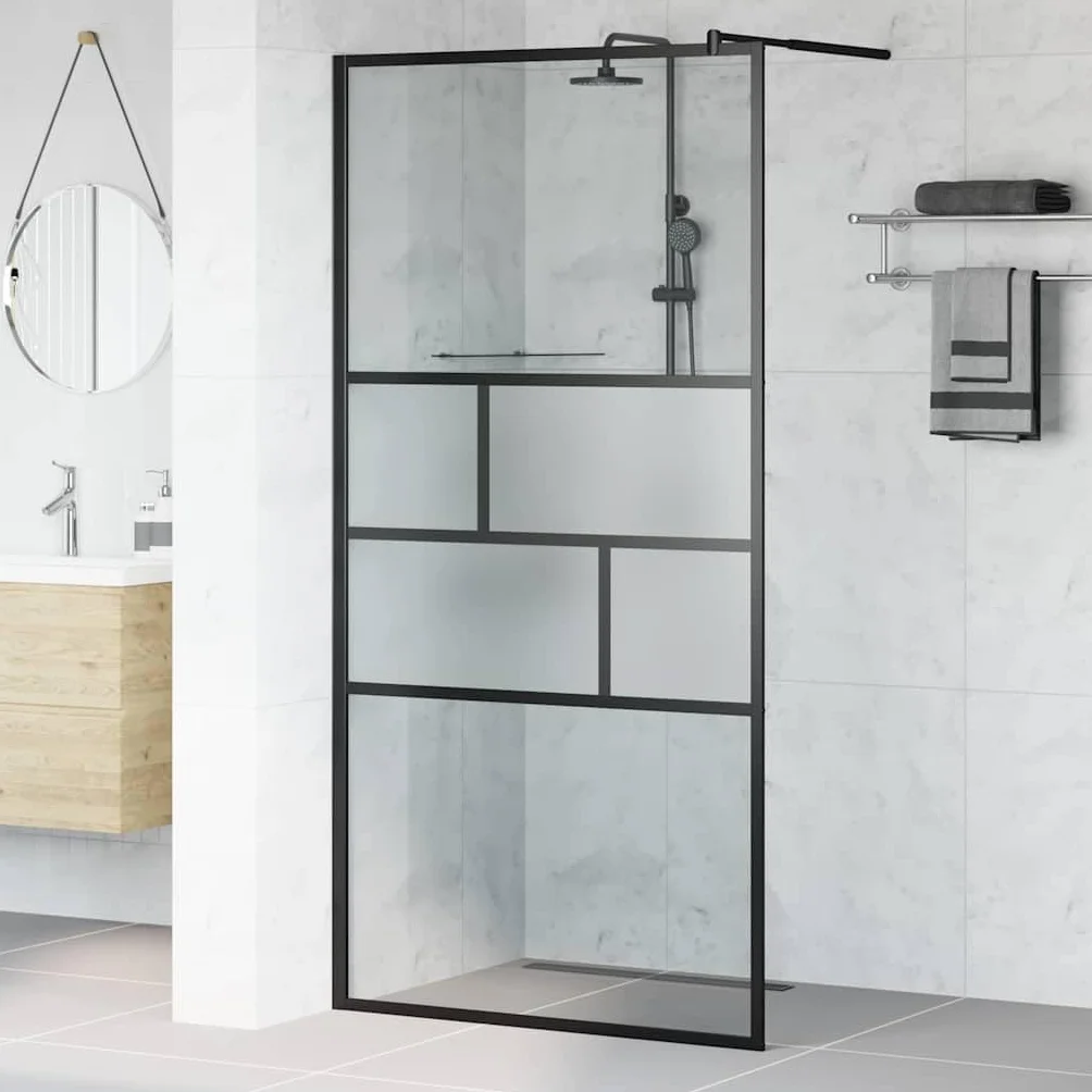 Ścianka prysznicowa Walk-in czarna ze szkła ESG i aluminium, 100 x 195 x 0,5 cm, ochrona przed pryskaniem, ścianka działowa do łazienki ze stabilizatorem, drążkiem mocującym i uszczelką