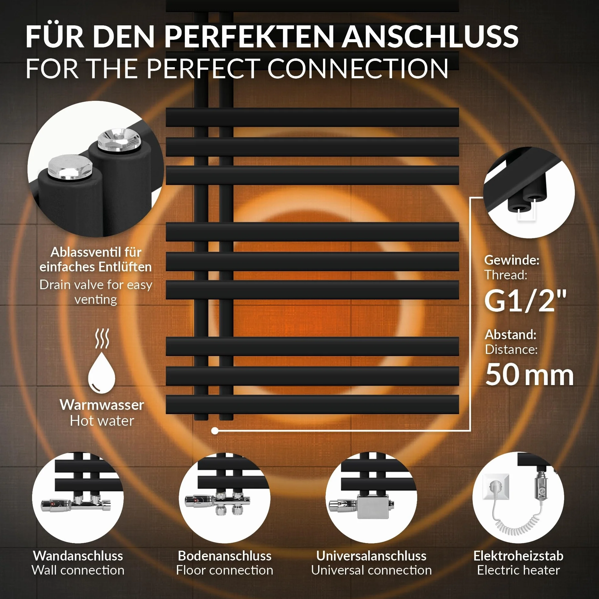 LuxeBath Grzejnik Lazienkowy Iron EM 600x1400 mm Matowa Czern, Podlaczenie Boczne Dolne, Pionowy Panel Design, Suszarka Do Reczników Podgrzewacz Wody Montaz Scienny Emisja Ciepla Jakosciowej Stali