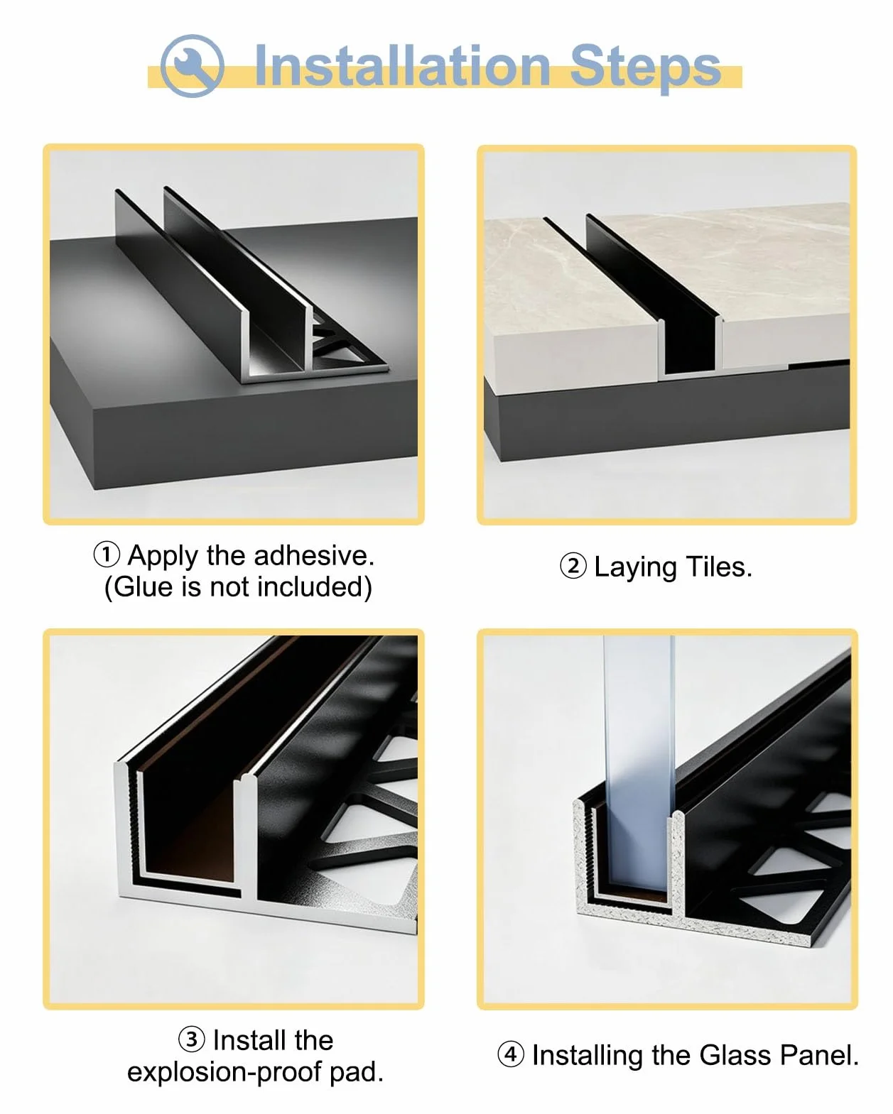 Profil Typu U do Szkła Profil Aluminiowy Typu F do Szkła Bezramowego | Profil Mocujący Krawędź, Szczelina Montażowa Ścianki Działowej w Łazience(Black,L2.6m(8.5ft))