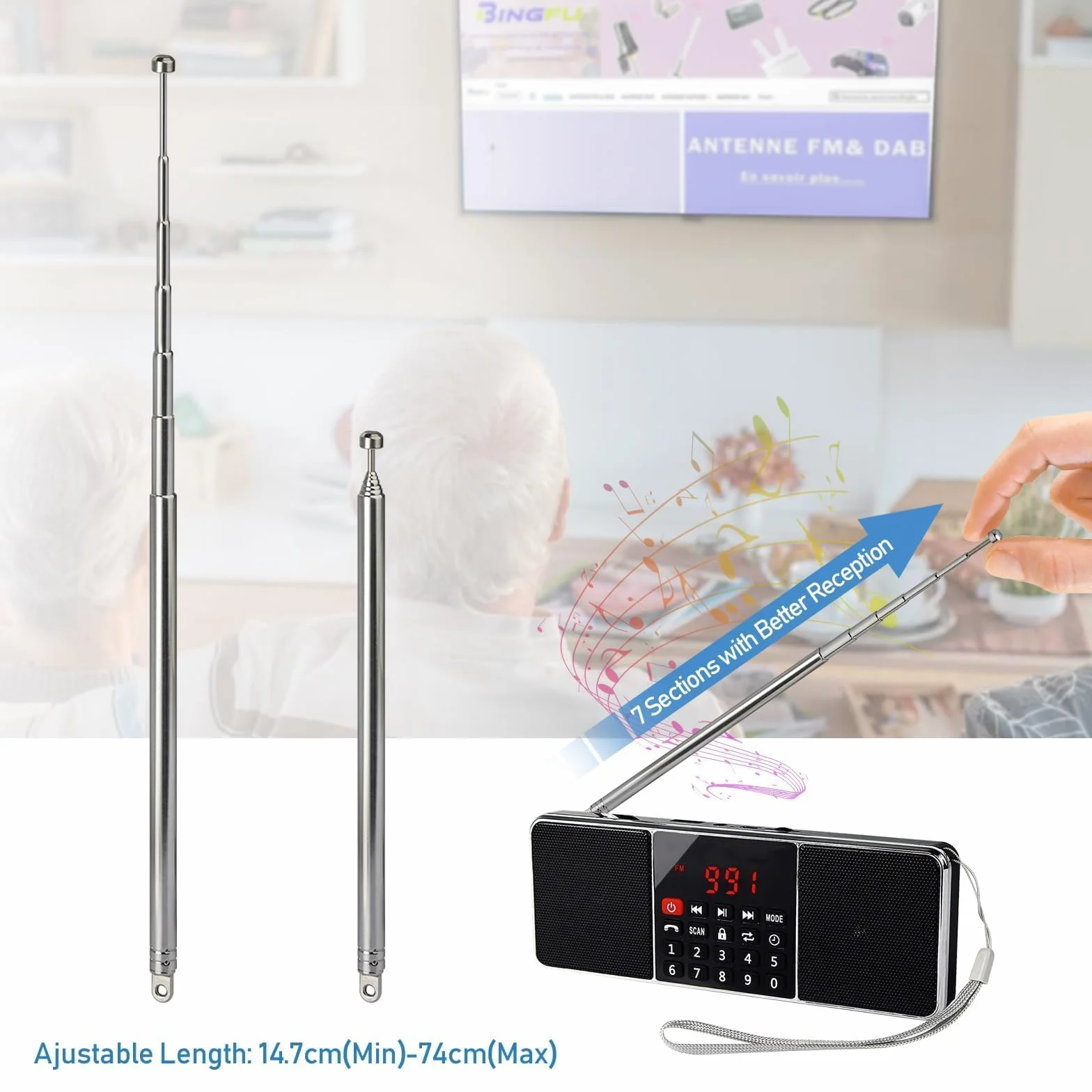 Bingfu Antena FM DAB Przenośna Teleskopowa 74cm Radiowa DAB Antena Zestaw Kompatybilny Telewizorem DVB-T DVB-T2 Radio Wewnętrzne Odbiornik Stereo Bluetooth Audio Vedio Odbiornik Kina Domowego