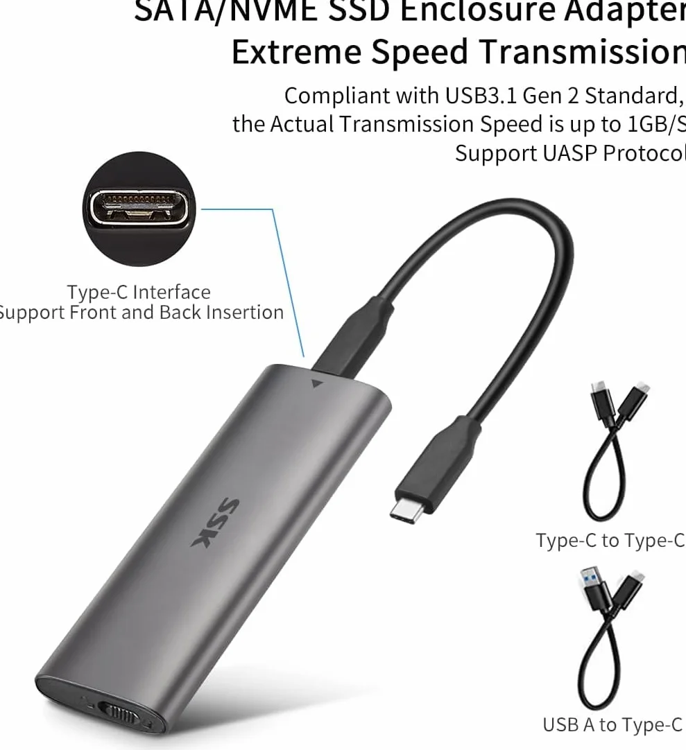 SSK Aluminiowa obudowa M.2 na USB NVMe SATA SSD, USB 3.2 10 Gb/s, PCI-E 6 Gb/s, M-Key B+M-Key, zewnętrzna, obsługuje UASP, do SSD 2242/2260/2280