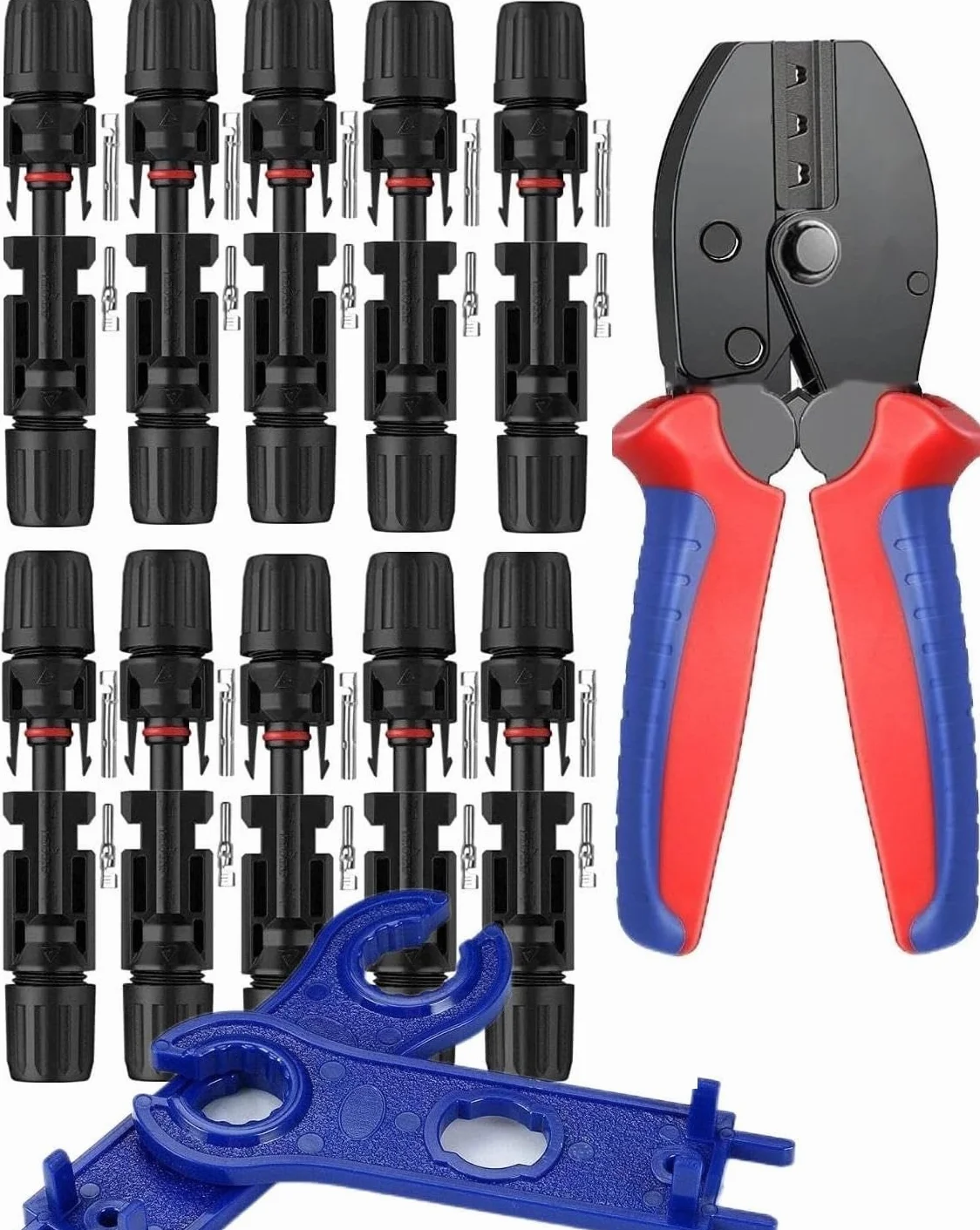 Zestaw zacisków solarnych do paneli słonecznych 2,5/4/6 mm², kabel PV, 1 x pręt dociskowy PV, 10 par złączy do kabli słonecznych, 10 par męskich / żeńskich kolektorów słonecznych, 2 x klucz płaski do