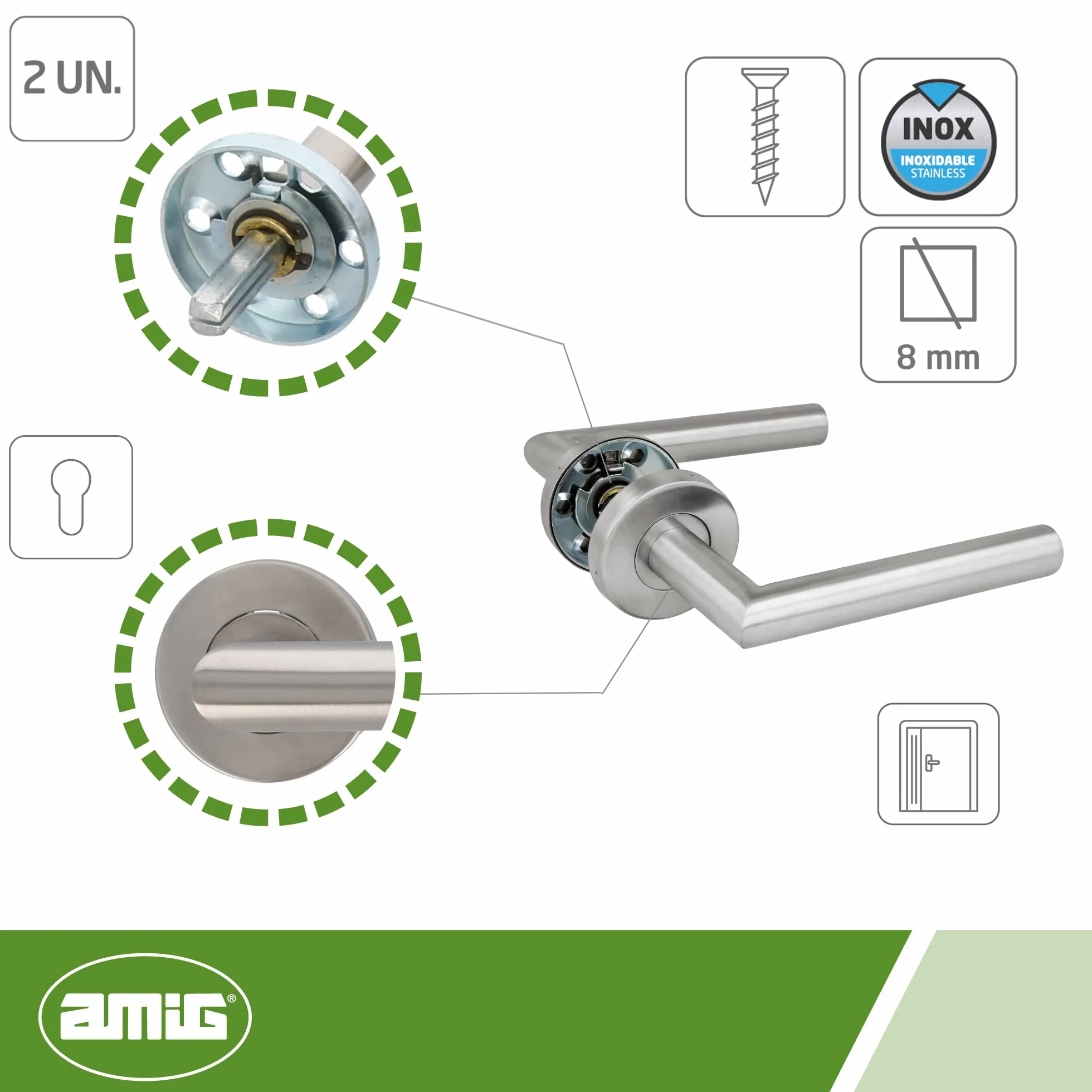 AMIG - Zestaw klamek do drzwi z rozetą | 136 x Ø19 mm | Elegancki i prosty design | Idealny do domu lub biura | Stal nierdzewna | Matowe srebro | Zawiera klucz cylindrów