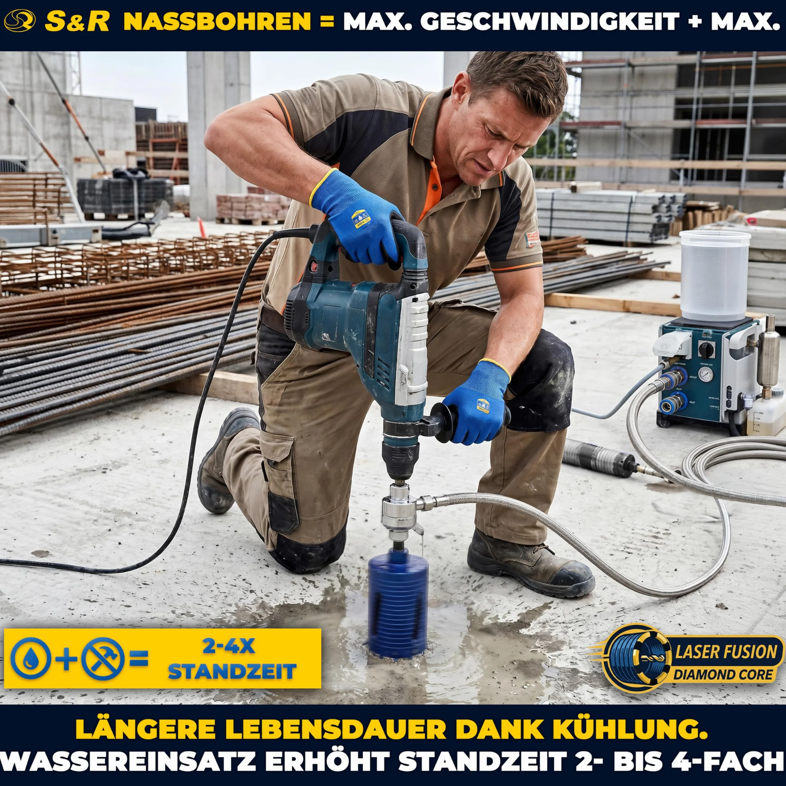 S&R Diamentowa koronka wiertnicza 122 mm, wiertło rdzeniowe M22, długość 200 mm, segment 10 mm, wiertło centrujące, adapter SDS-plus, koronka wiertnicza na sucho, diamentowa koronka wiertnicza do