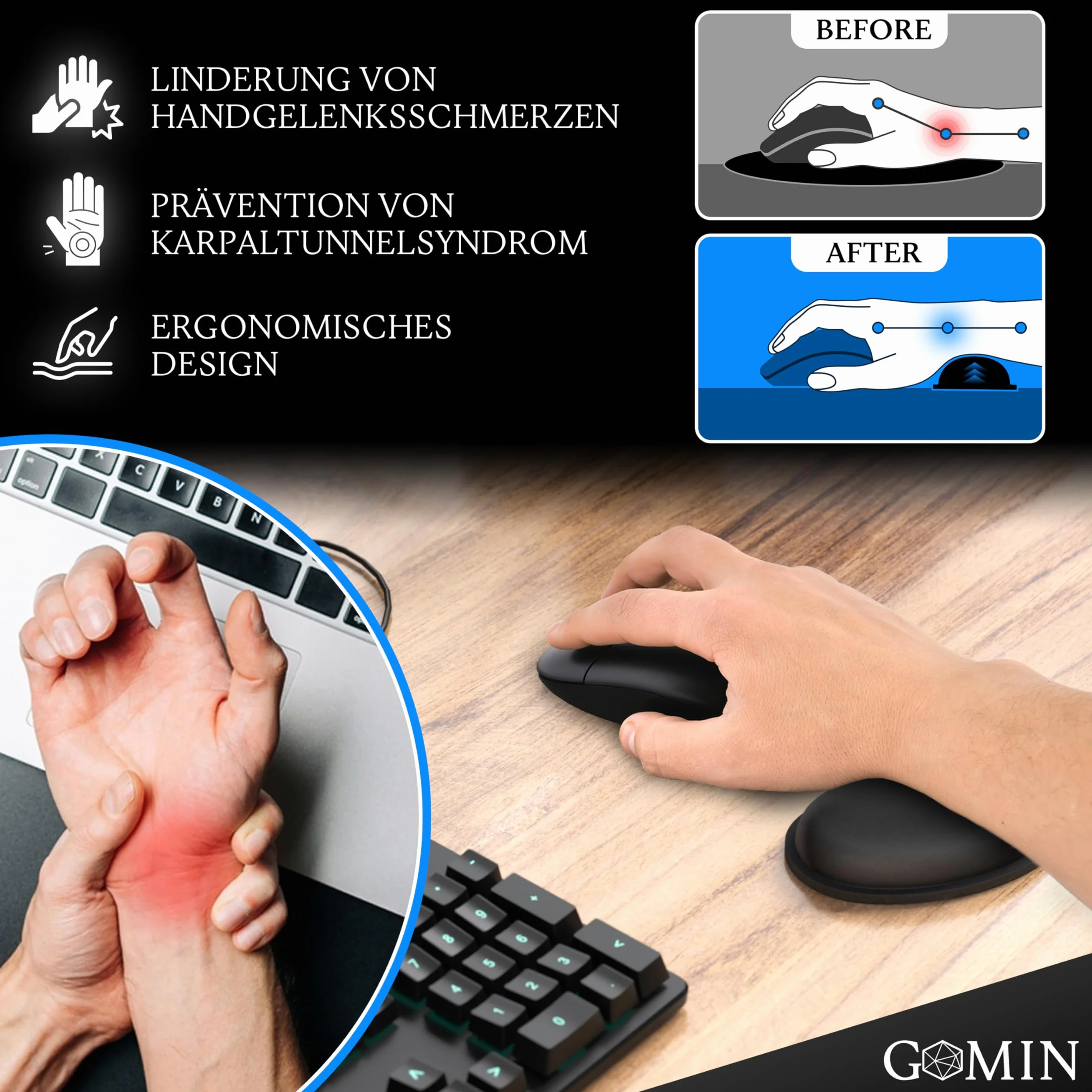 Gomin Podkładka pod nadgarstek pod mysz antypoślizgowa ergonomiczna do biura i gier