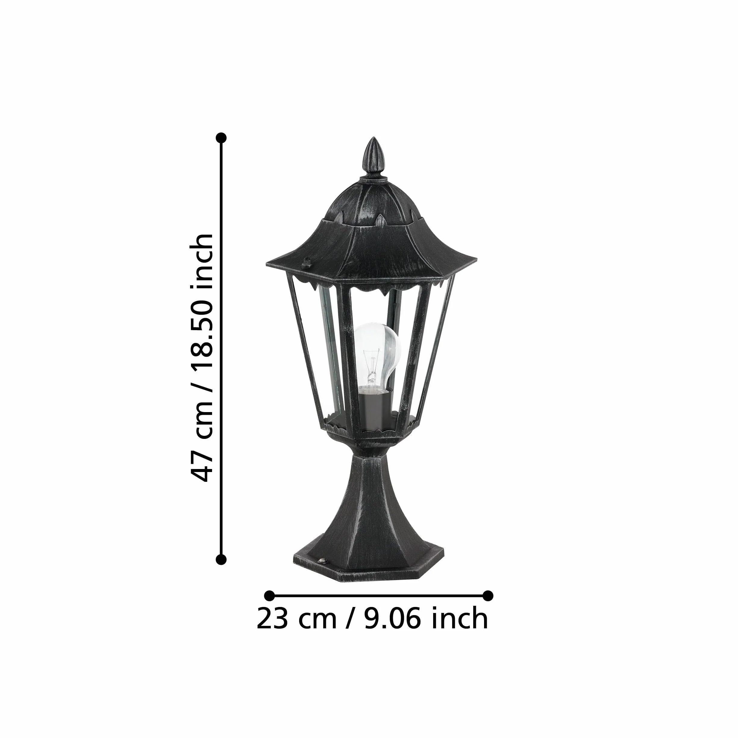 EGLO Navedo zewnętrzna lampa cokołowa Navedo, 1-punktowa lampa zewnętrzna, lampa cokołowa z odlewu aluminiowego w kolorze czarnym ze srebrną patyną i szkłem w kolorze przezroczystym, oprawka E27, IP44